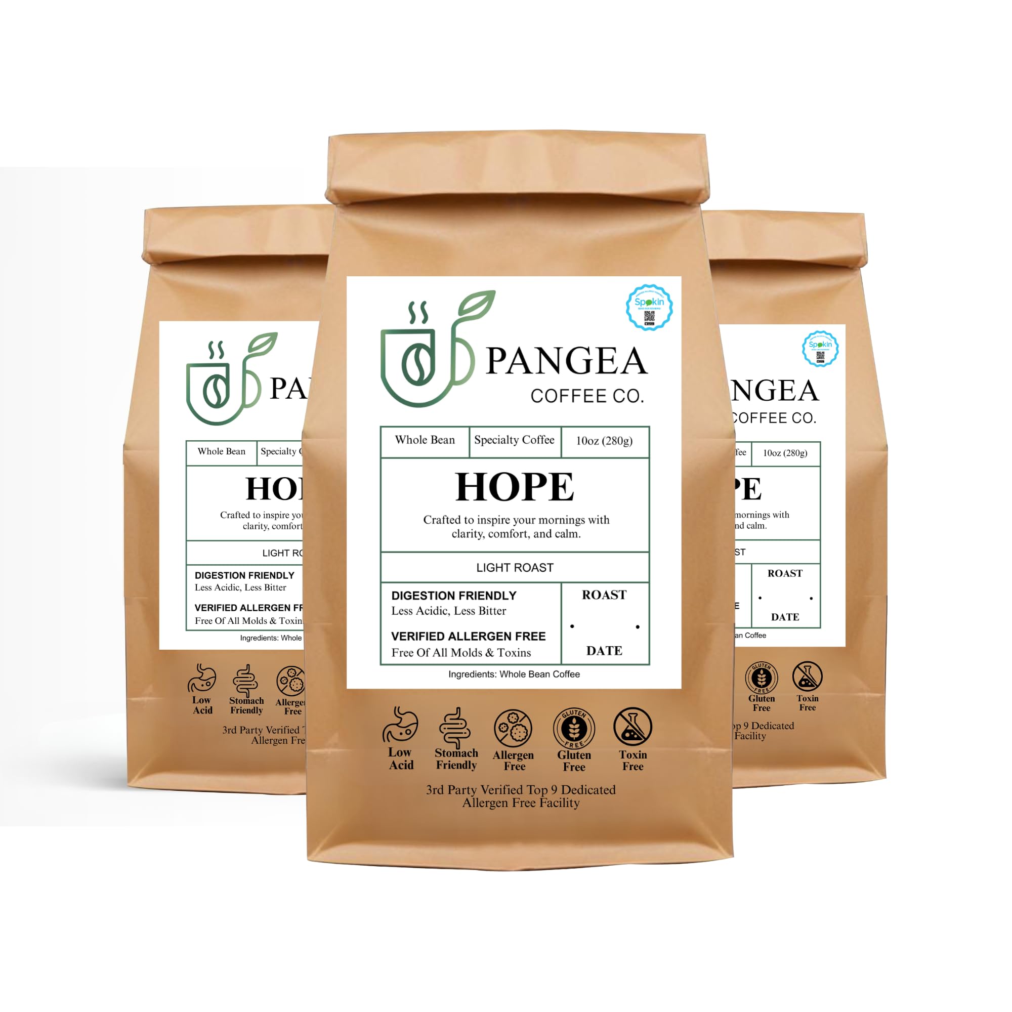 Pangea Coffee Hope Light Roast 3-Pack Bright, Smooth, Low Acid Coffees Organic, Allergen-Free, Specialty Grade Arabica, Fresh Roasted Whole Bean, 3 x
