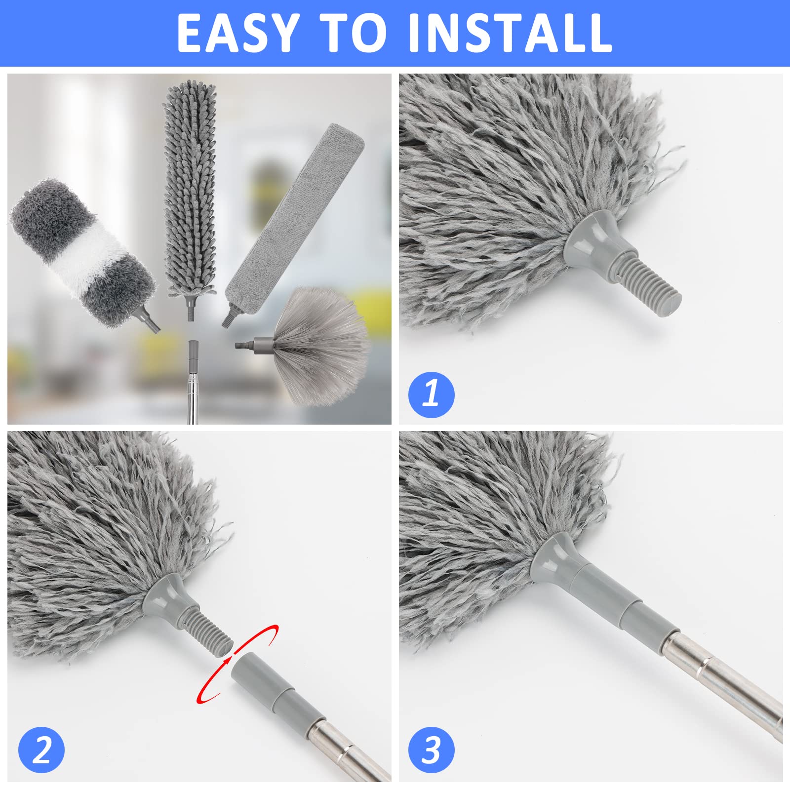 HLWDFLZ Microfiber Duster Kit 23pcs with 30 to 100 Inches Extension Pole and Extendable Window Squeegee, Washable and Bendable Feather Duster
