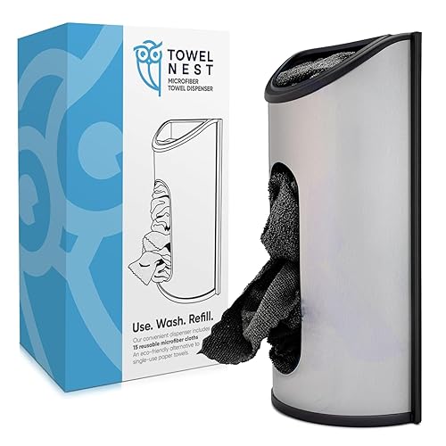 TowelNest Microfiber Cloth Dispenser | 15 Reusable Cloths (Black) | Eco-Friendly Paper Towel Alternative | Absorbent & Washable | Wall/Cabinet Mount