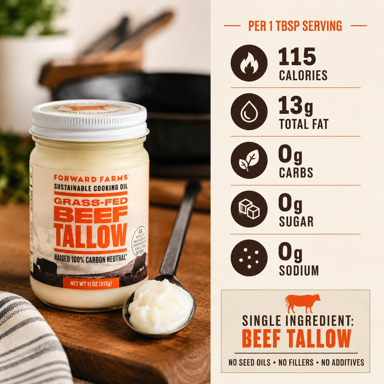 Forward Farms Grass-Fed Beef Tallow for Cooking 11 oz |100% Pure Cooking Fat | Sauteing, Deep Frying, Searing, Baking |Gluten-Free & Dairy-Free |