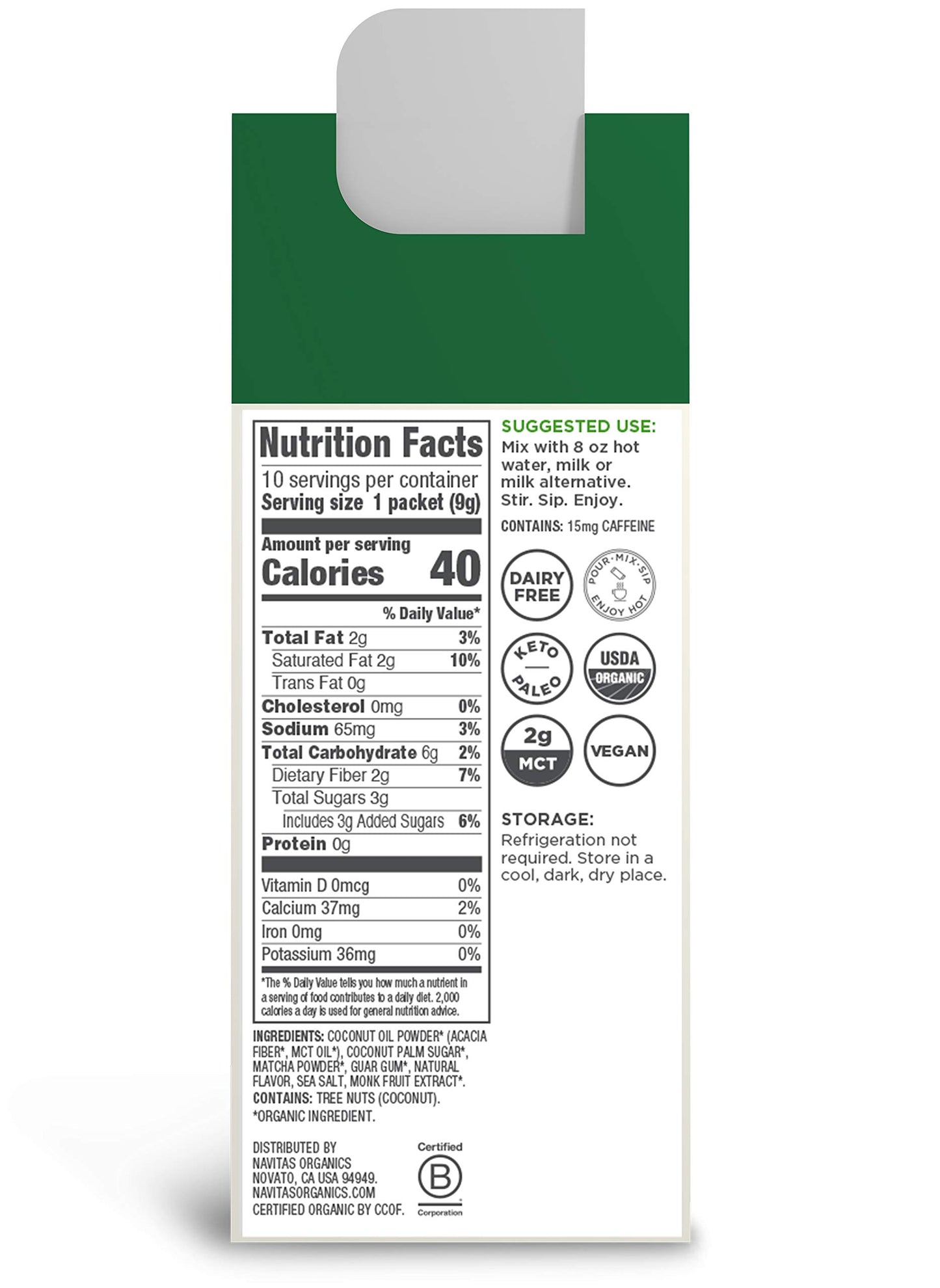 Navitas Organics Matcha Latte, 10 Single Serve Pouches, 10 Servings Organic, Non-GMO, Dairy-Free, 3.1 Ounce