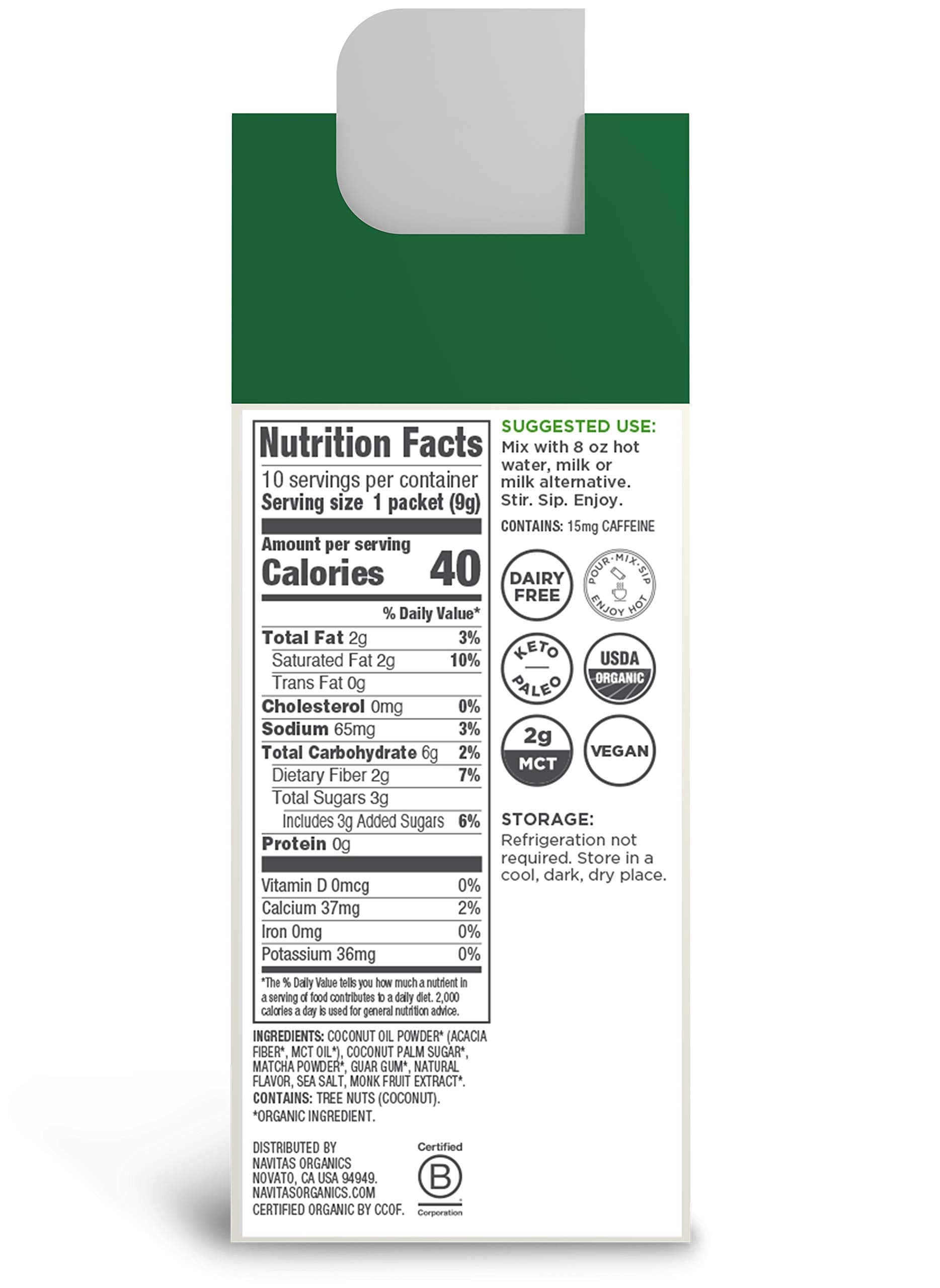 Navitas Organics Matcha Latte, 10 Single Serve Pouches, 10 Servings Organic, Non-GMO, Dairy-Free, 3.1 Ounce