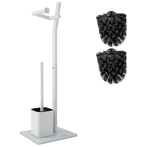 WC Set - White -22x18x70cm- Toilet Paper Holder and Toilet Brush incl. - Stainless Steel - Strong Glass Base - Plus: 1+2 Replacement Toilet Brush