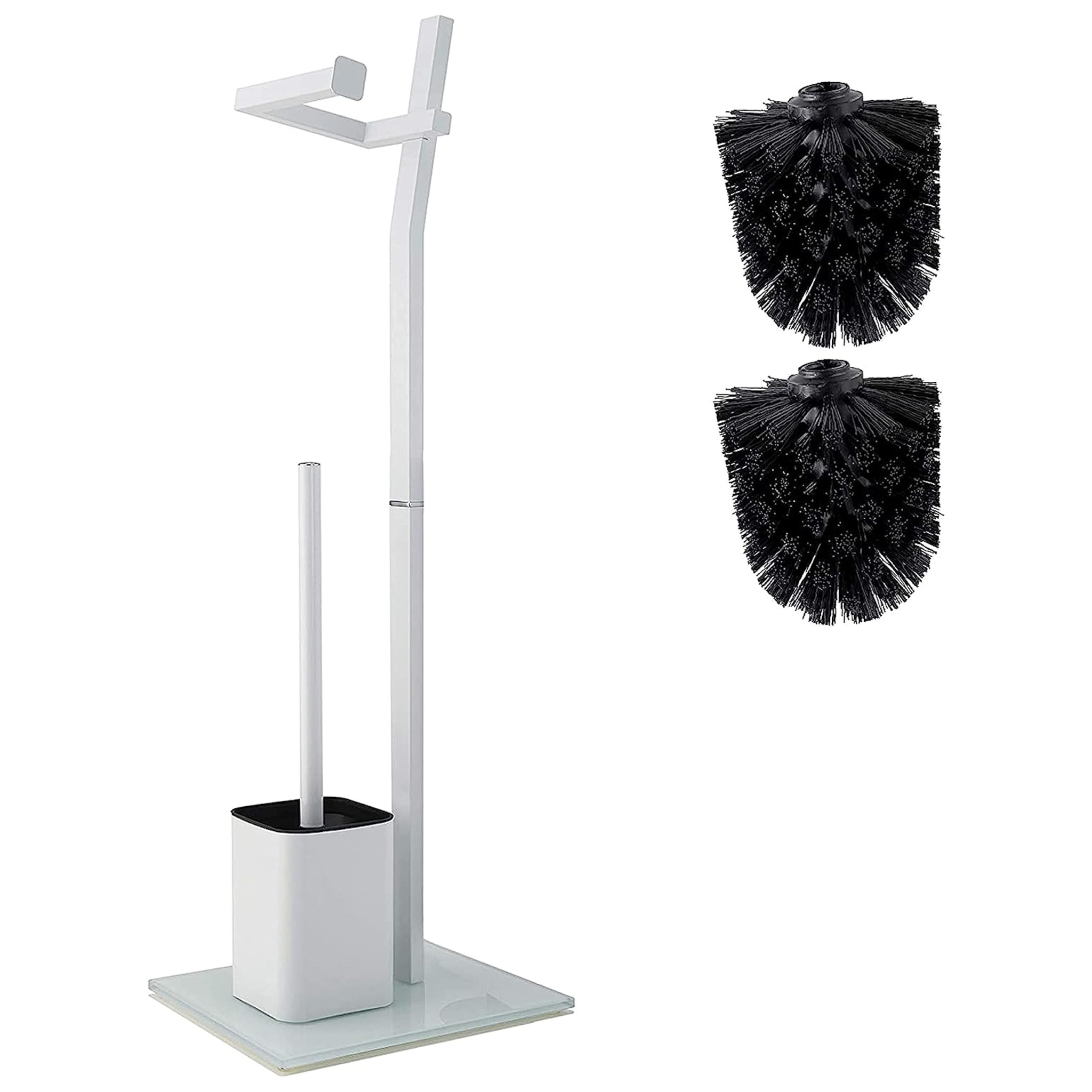 WC Set - White -22x18x70cm- Toilet Paper Holder and Toilet Brush incl. - Stainless Steel - Strong Glass Base - Plus: 1+2 Replacement Toilet Brush