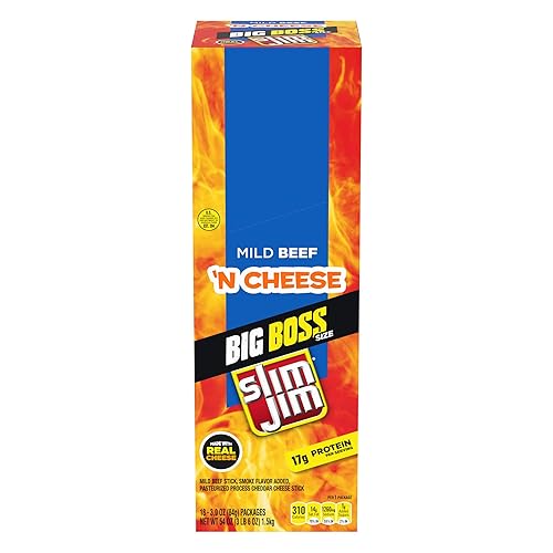 Slim Jim Beef 'N Cheese Smoked Meat Sticks, Mild Flavor, High Protein, 3.0 oz. (18 Count)