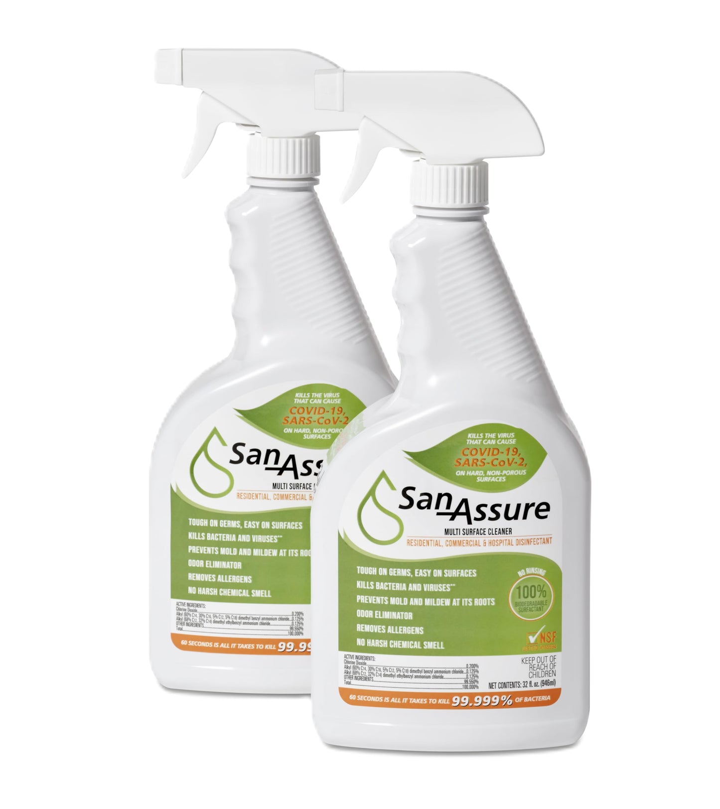 SAN-ASSURE The Disinfectant, EPA Registered, Kills Mold, Mildew & Viruses, Eliminates Odors, Food-Contact Sanitizer, (2) 32oz. Bottles