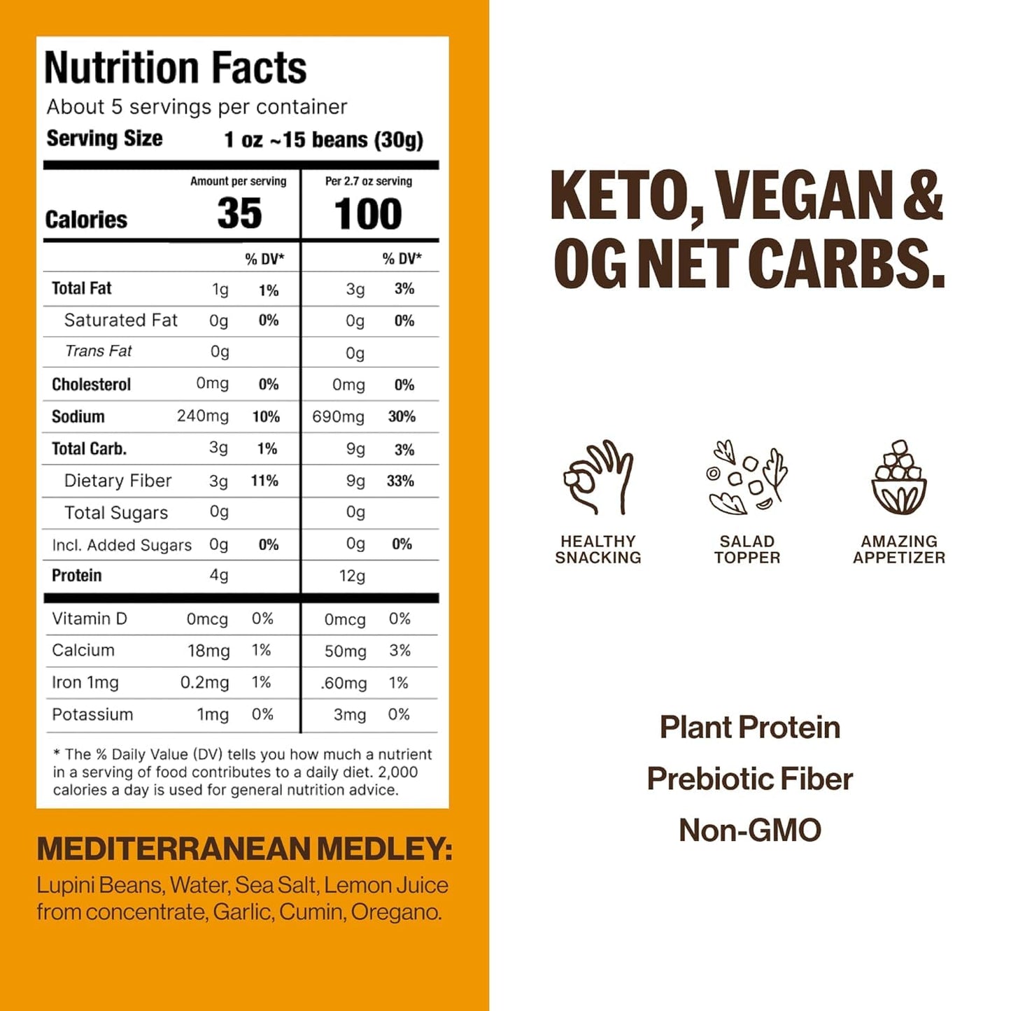 BRAMI Lupini Beans Snacks, Mediterranean Medley | 7g Plant Protein, 0g Net Carbs | Vegan, Vegetarian, Keto, Plant Based, Mediterranean Diet, Healthy