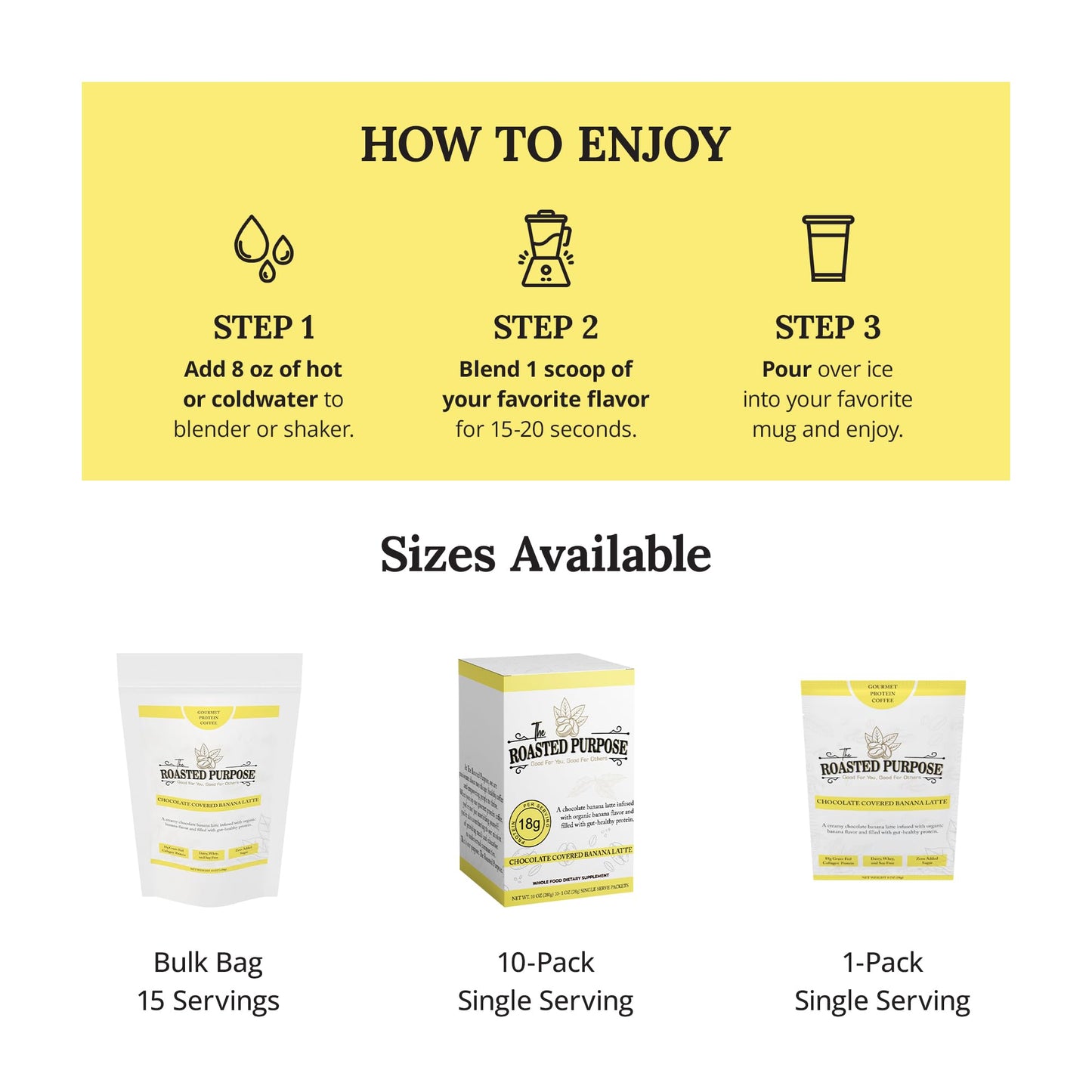 The Roasted Purpose Chocolate Covered Banana Latte Instant Organic Coffee with 18g of Grass-fed Collagen Protein, Dairy-Free, Sugar-Free, 10 Pack