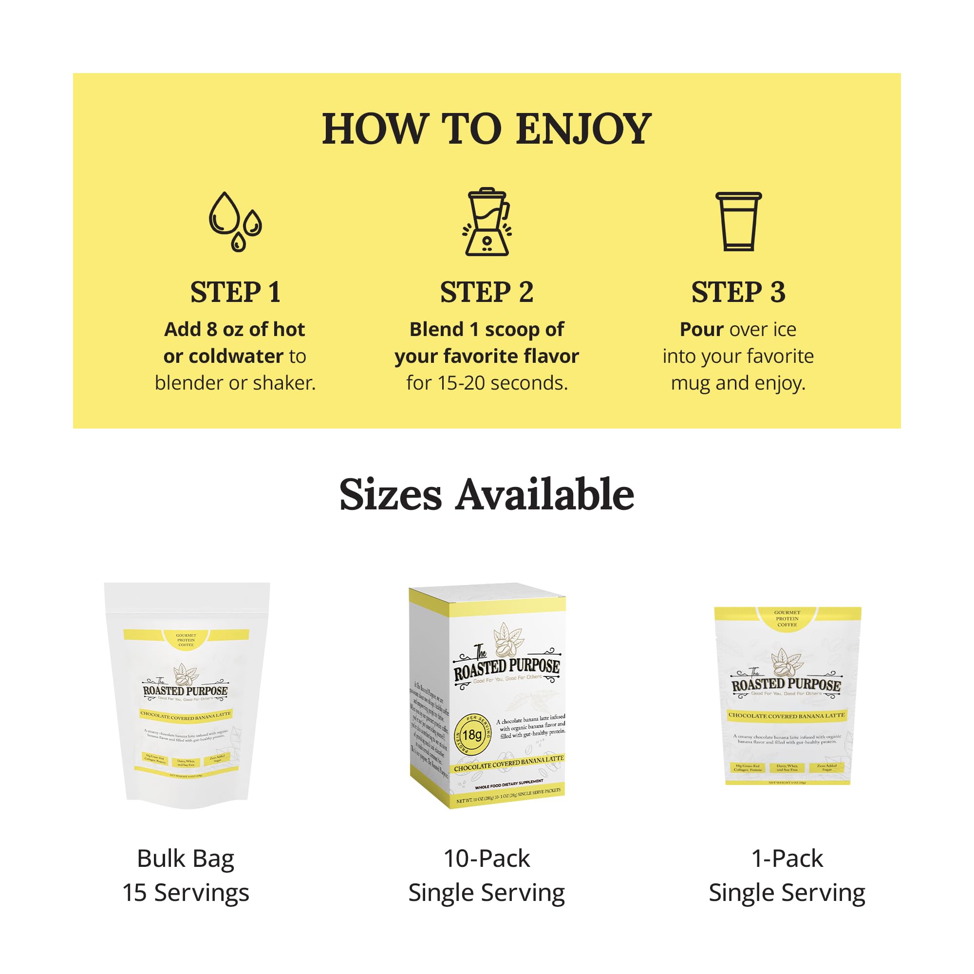 The Roasted Purpose Chocolate Covered Banana Latte Instant Organic Coffee with 18g of Grass-fed Collagen Protein, Dairy-Free, Sugar-Free, 10 Pack