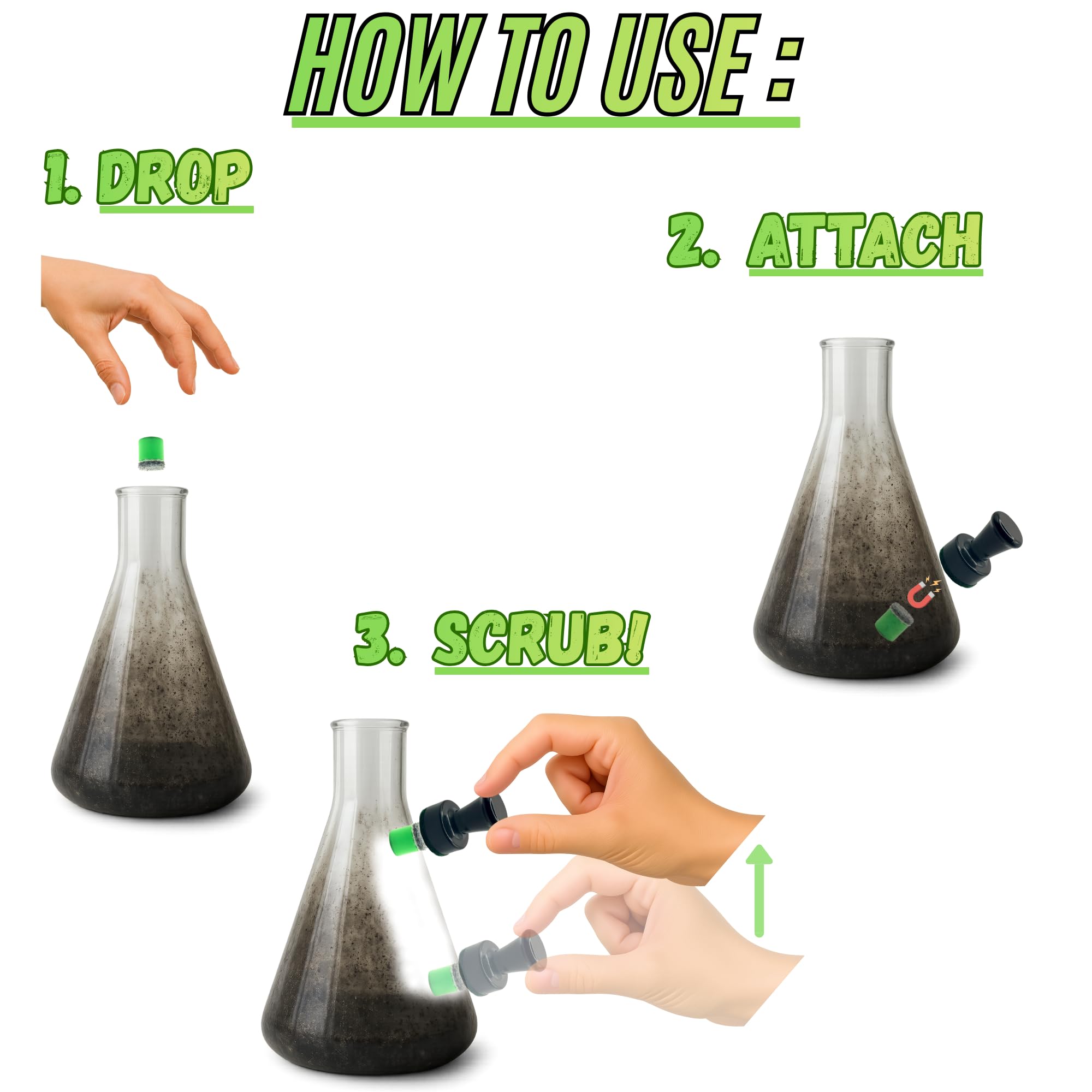 The Magic Cleaner Magnetic Glass Cleaner Kit |Mini, 12mm Size | For Water Pipes, Vases, Windows, Aquariums, Small, & all Shapes & Sizes | Cleans Hard