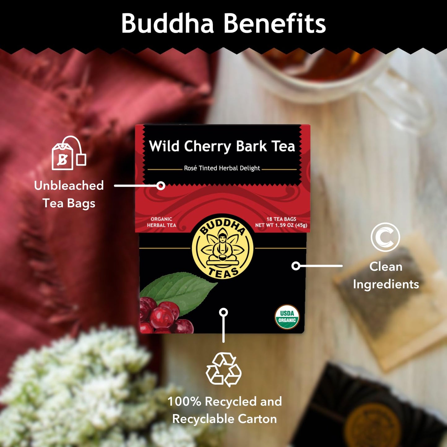 Buddha Teas - Organic Wild Cherry Bark Tea - Herbal Tea - For Health & Wellbeing - Supports Respiratory & Digestive Health - Clean Ingredients