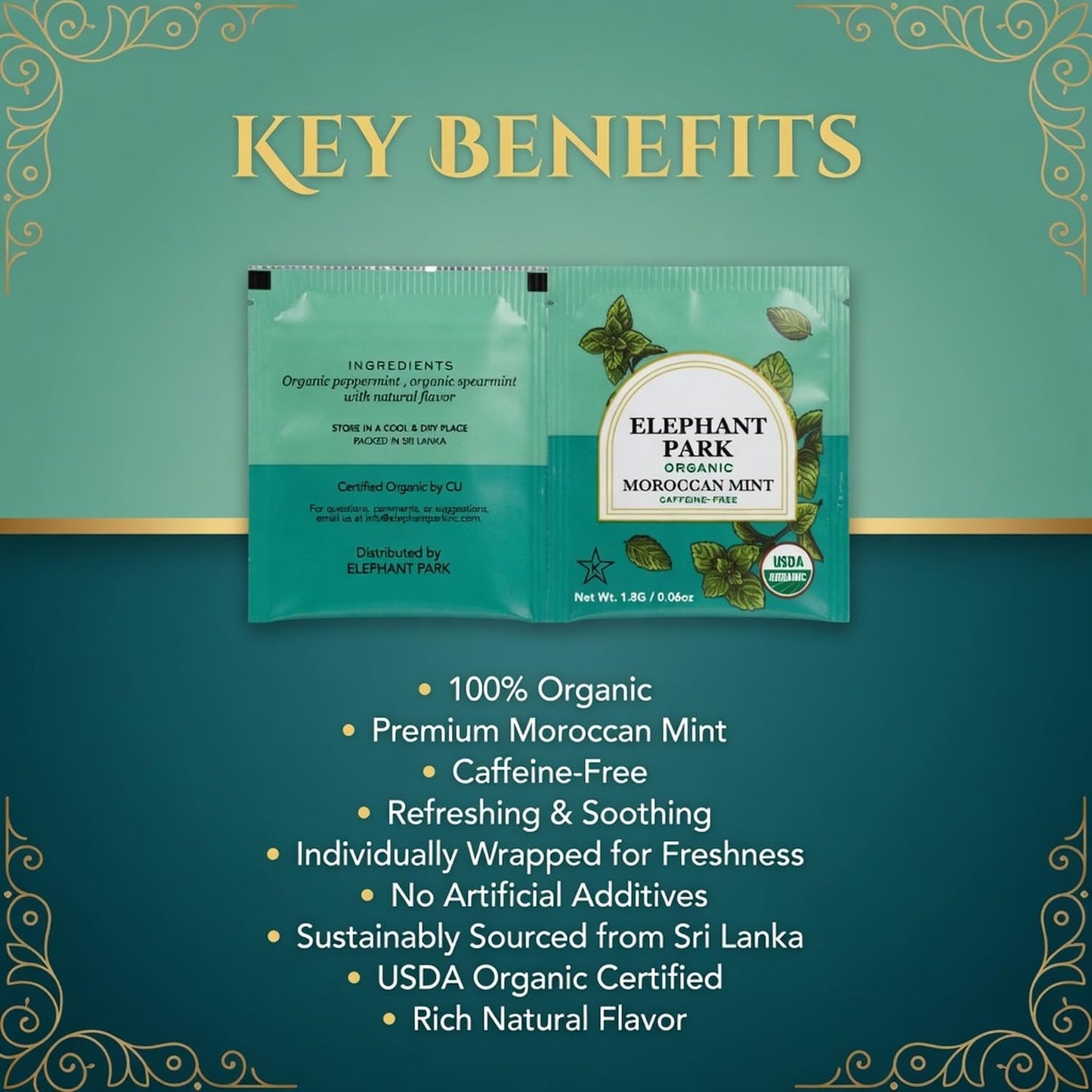 Elephant Park USDA Organic Moroccan Mint Tea, 25 Individually Wrapped Mint Tea Bags, Caffeine Free Peppermint Spearmint Herbal Blend, Hot Or Iced