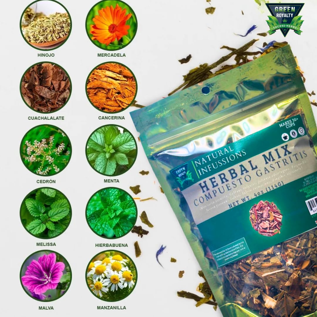 Green Royalty - Herbal Mix for Gastritis Relief | 100% Organic Digestive Support Tea Blend | Natural Ingredients | 4oz Resealable Bag | Non GMO