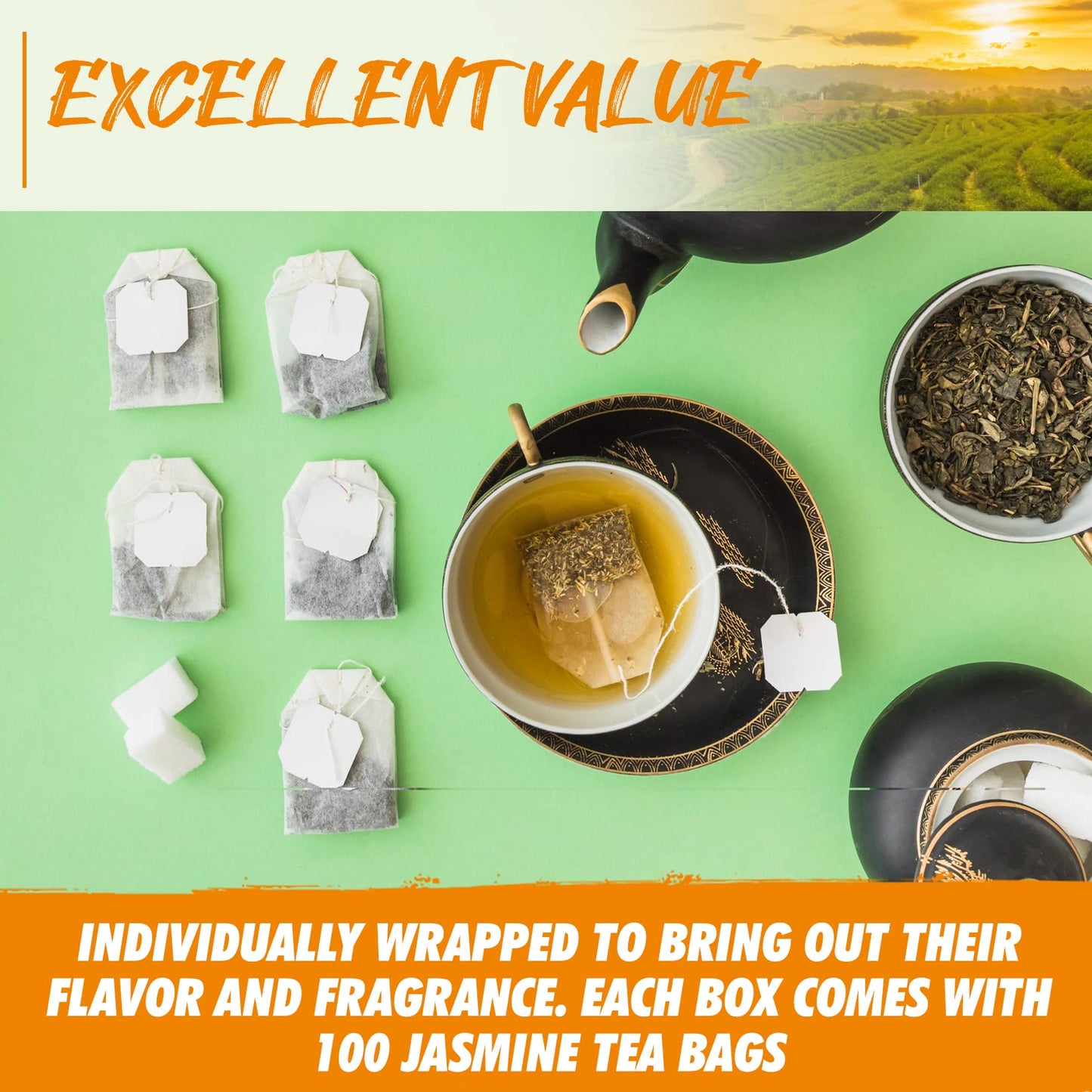 Fusion Organic Jasmine Green Tea - 100 Bags, Traditionally Scented, Refreshing Floral Fragrance - 6oz (170g)