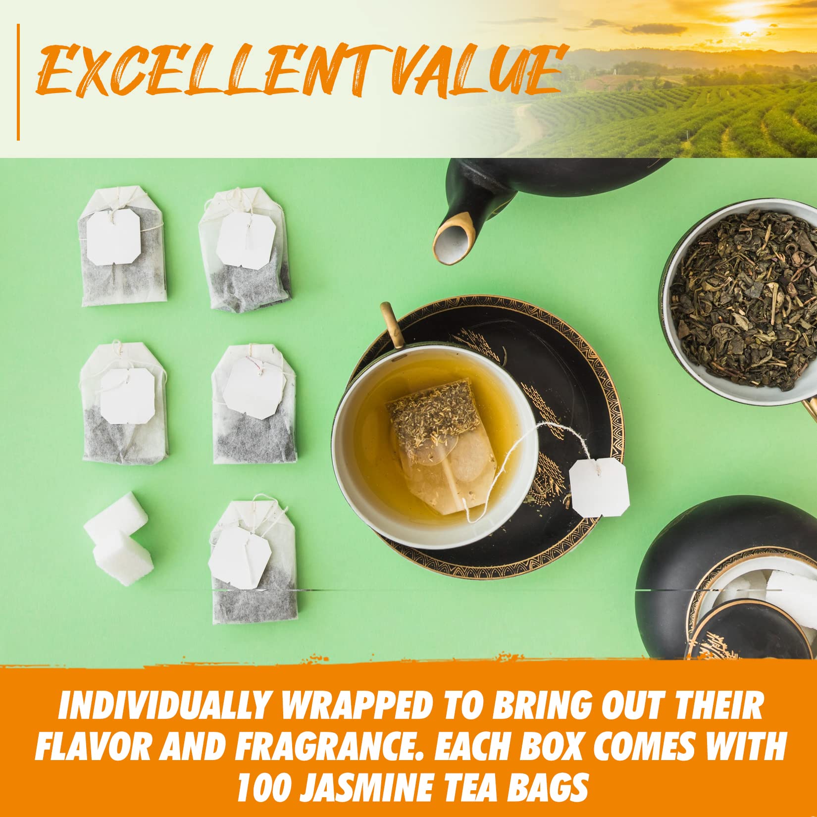 Fusion Organic Jasmine Green Tea - 100 Bags, Traditionally Scented, Refreshing Floral Fragrance - 6oz (170g)