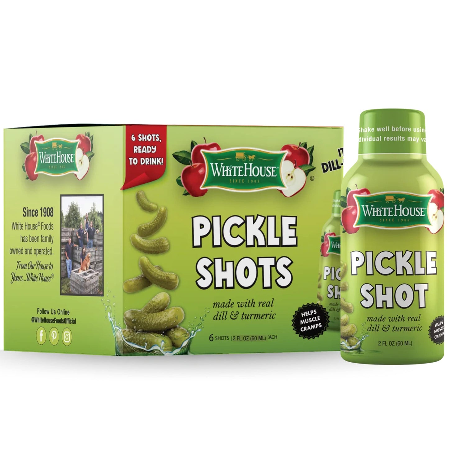 White House Pickle Shots, With Real Dill and Turmeric, Juice Hydrates and Helps Stop Muscle Cramps, On the Go (2 Fl Oz (Pack of 6), Dill Pickle)