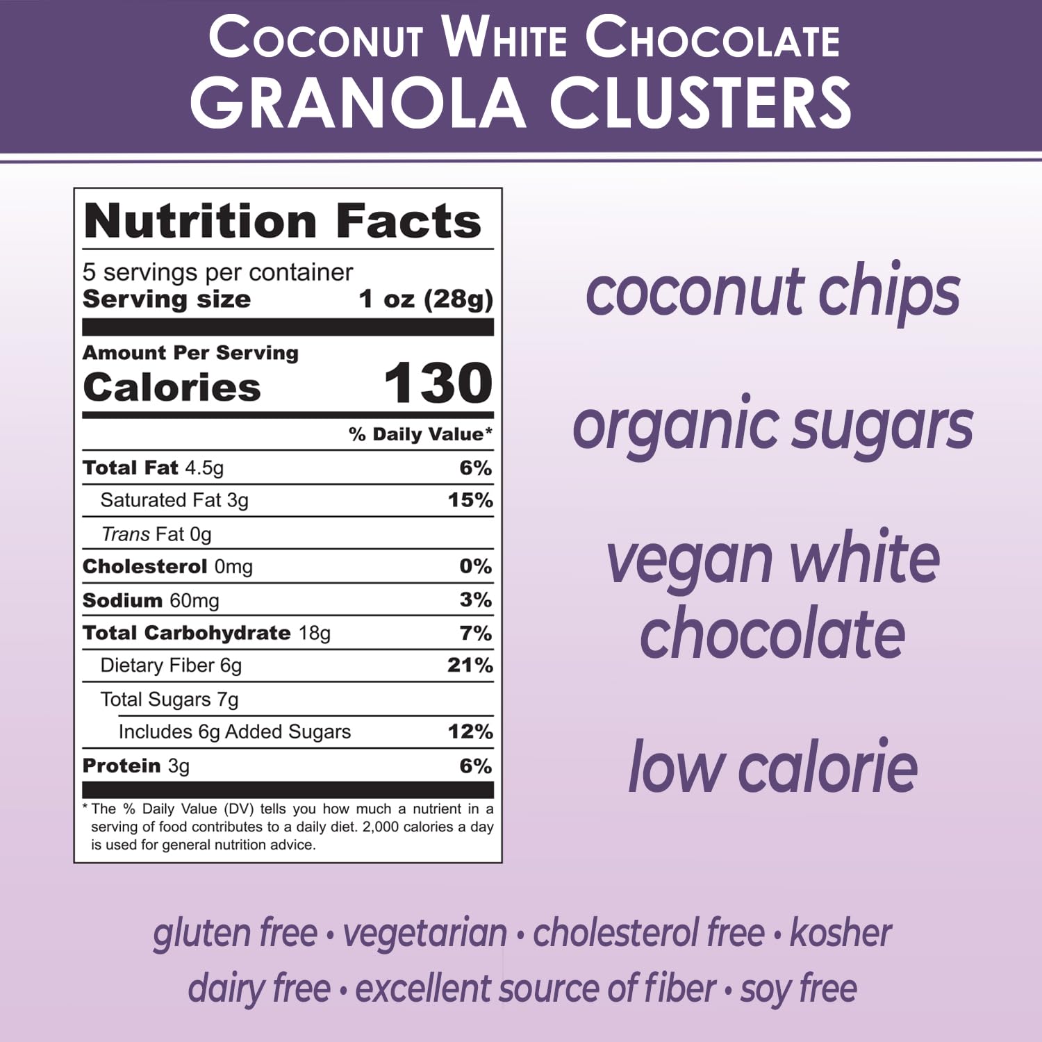 Laura’s Gourmet, Granola Snacking Clusters, Coconut White Chocolate, 5 oz. Bag 3 Pack - Organic, Vegan, Non-GMO Kosher & Certified Gluten-Free Snacks