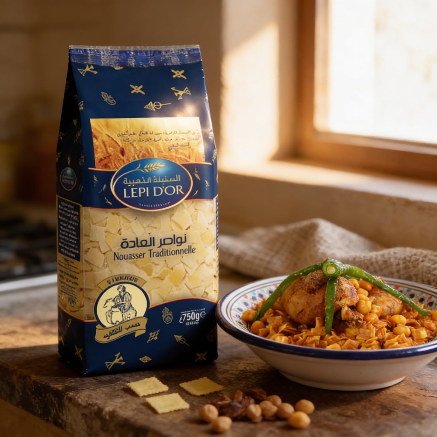 L’EPI D’OR Nouasser Pasta - Traditional Tunisian Flat Pasta - Durum Wheat Semolina - Authentic North African recipe for Stews & Family Meals (Pack