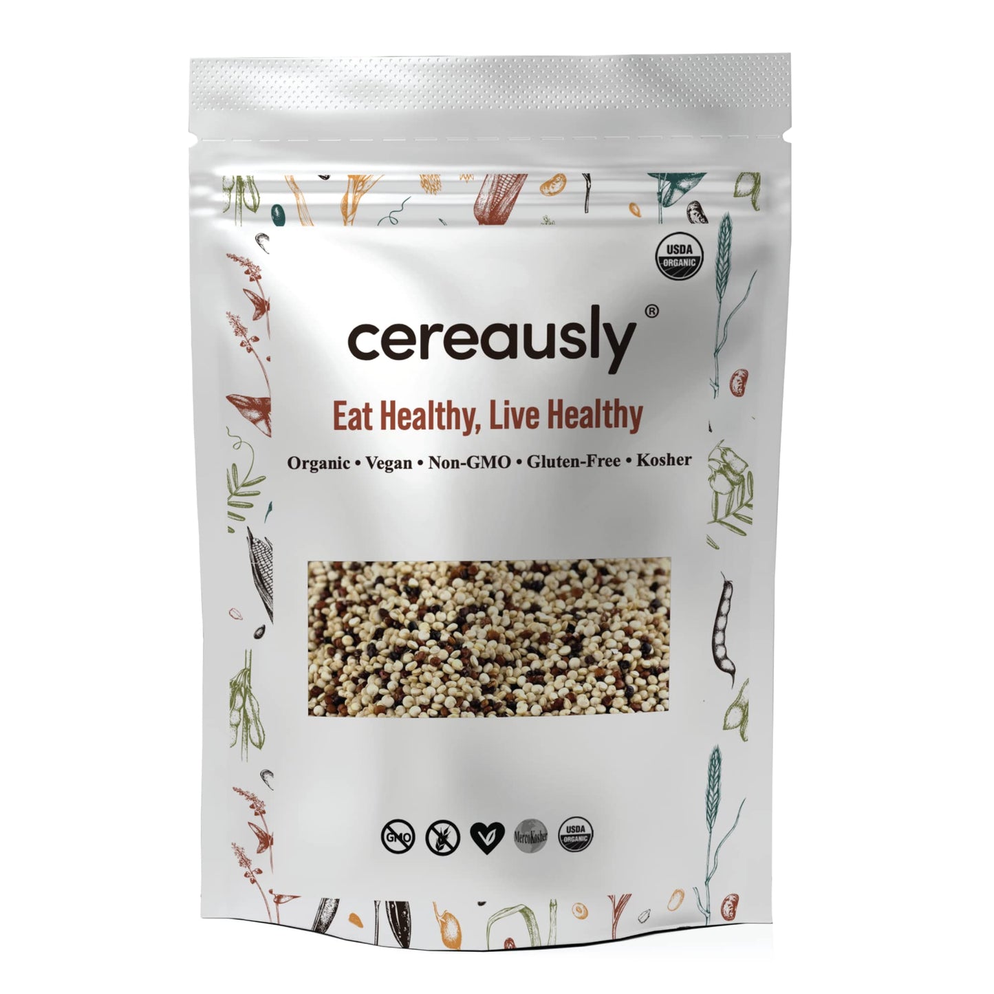 CEREAUSLY Organic Tri-Color Quinoa - Premium Royal Quinoa from Bolivia - Kosher and Non-GMO Quinoa Bulk - Vegan and Gluten-Fee Cooking Quinoa - 4 LB