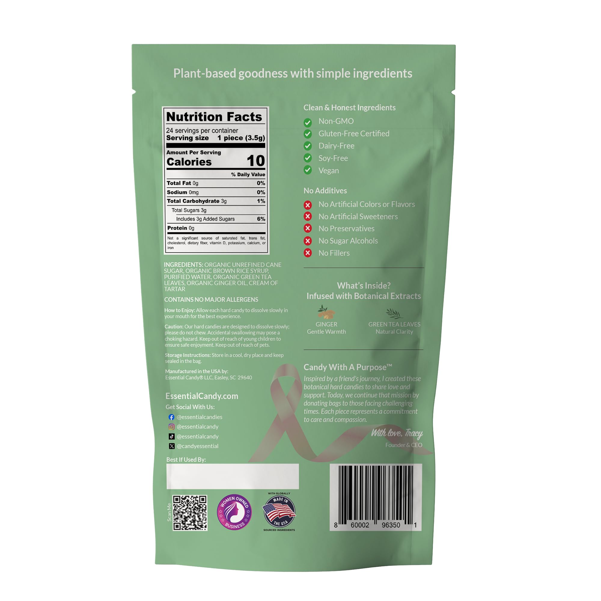 Ginger Green Tea Blend Plant-Powered Lozenges | Ocassional Nausea, Stomach Discomfort | Organic Ginger, Green Tea Leaves | Gluten-Free Certified