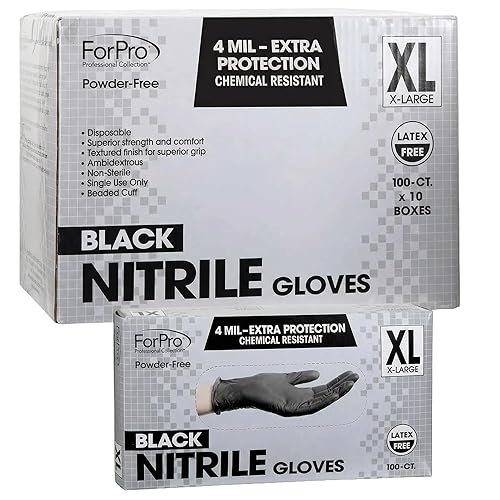ForPro Disposable Nitrile Gloves, Chemical Resistant, Powder-Free, Latex-Free, Non-Sterile, Food Safe, 4 Mil, Black, X-Large, 1000-Count