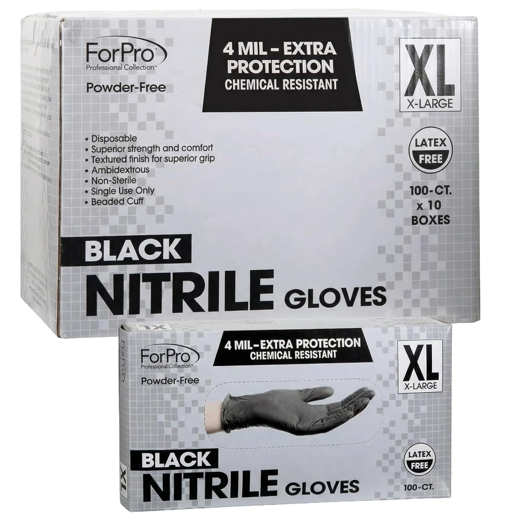 ForPro Disposable Nitrile Gloves, Chemical Resistant, Powder-Free, Latex-Free, Non-Sterile, Food Safe, 4 Mil, Black, X-Large, 1000-Count