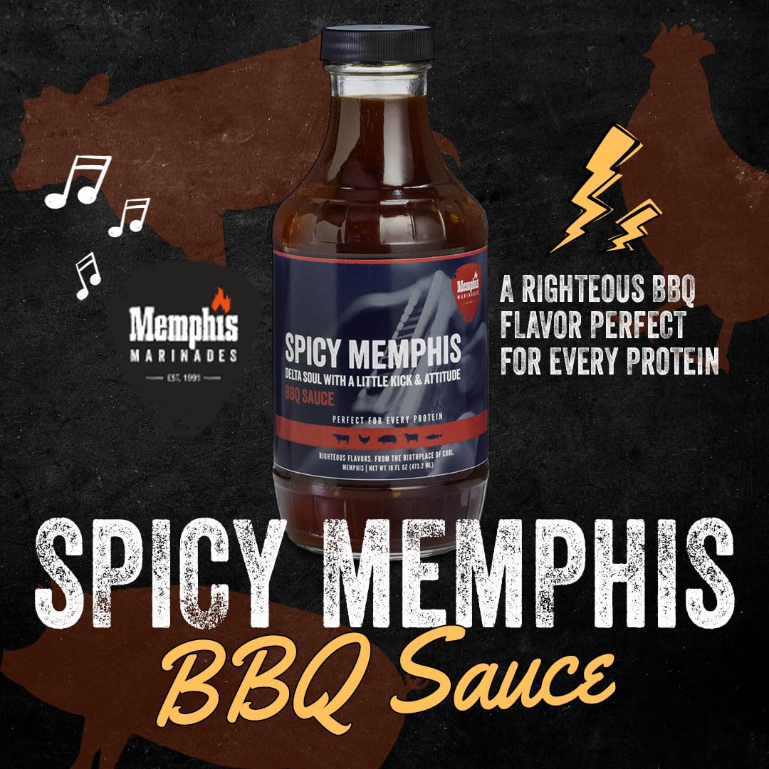 Memphis Marinades Championship Award Winner Spicy Memphis BBQ Sauce, 16oz, Premium BBQ Sauce for Pork, Chicken & Beef, Non-GMO