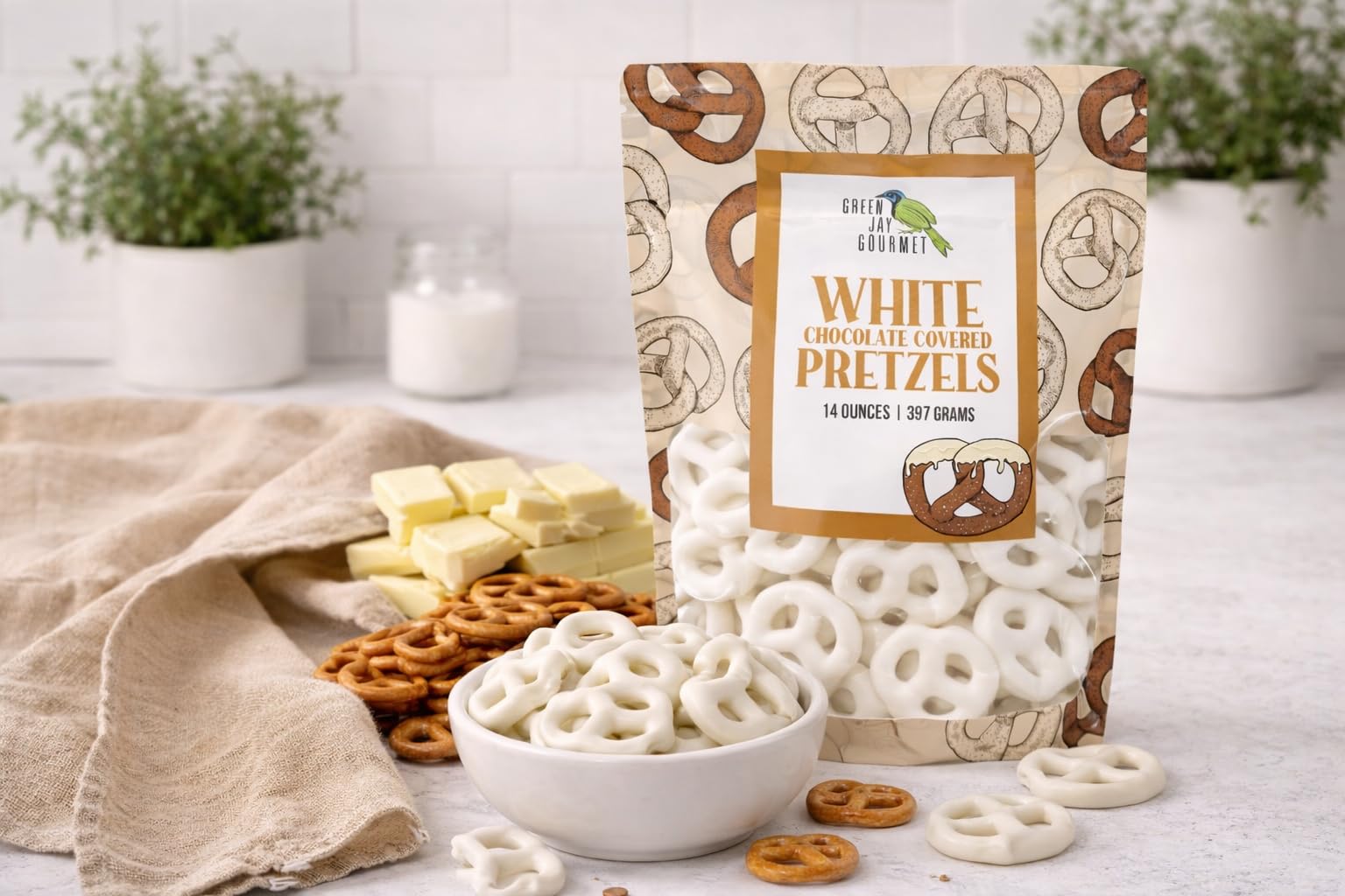 Green Jay Gourmet White Chocolate Covered Pretzels - Handmade & Fresh Gourmet Candy - Sweet & Salty Snack - Great Gift for Chocolate Lovers - 14 Ounce