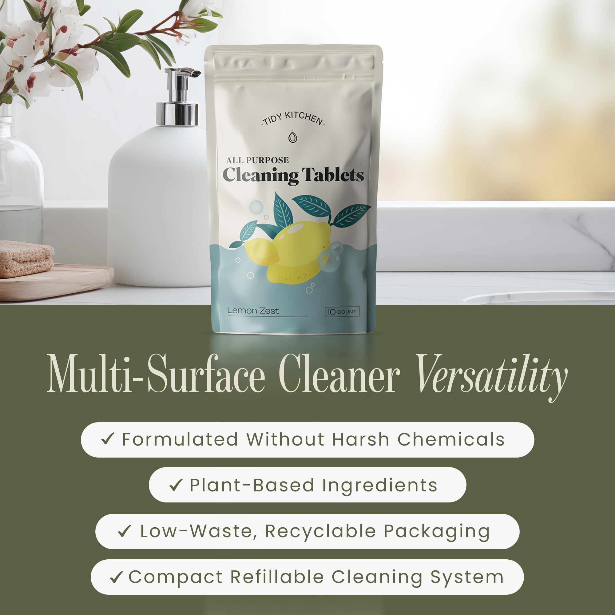 Tidy Kitchen All Purpose Cleaner Refill Tablets - Multi Surface Cleaner for Counters, Stovetops, Tile, Wood, Bath, and Glass - Compact Water-Activated