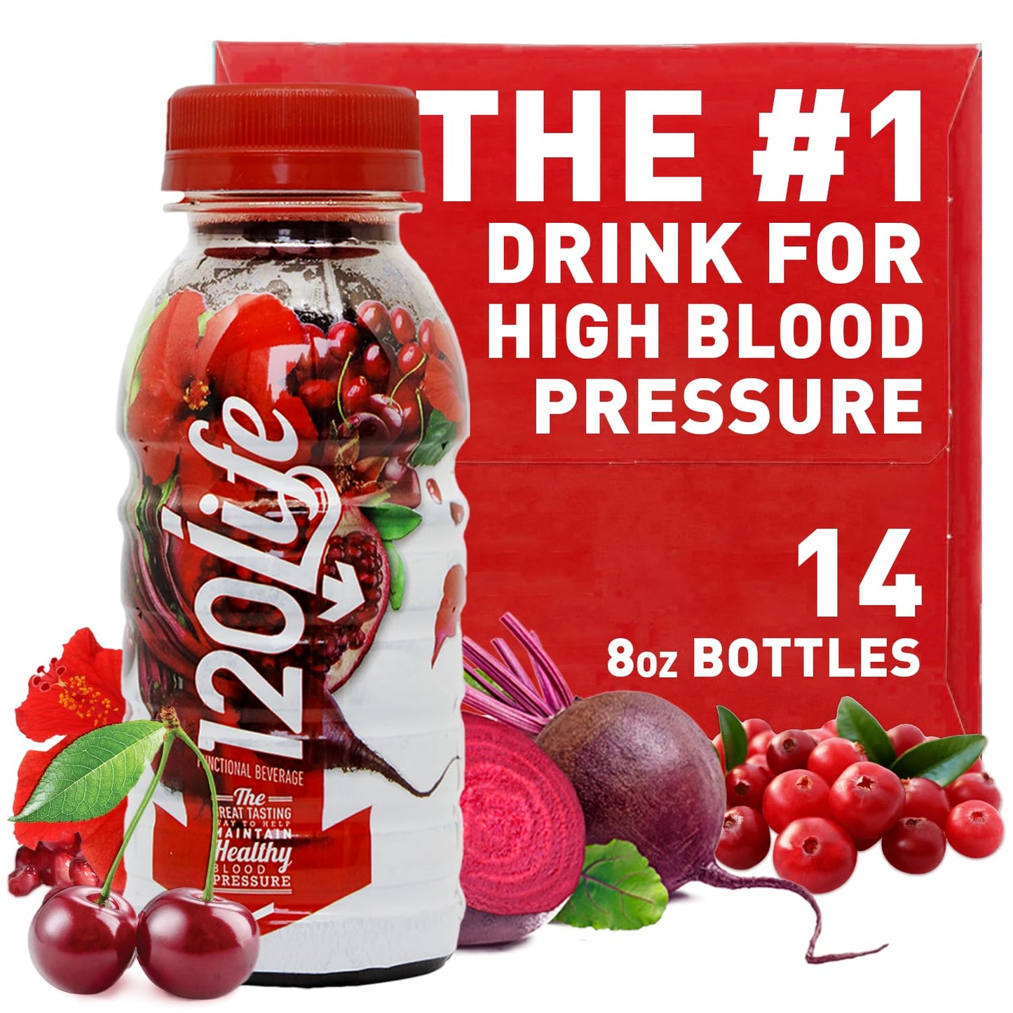 120/Life Blood Pressure Support, Beet Root Juice, Pomegranate Extract, Cranberry Juice, Tart Cherry, Hibiscus, and Magnesium (8 Fl Oz, Pack of 14)