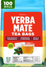 Gya Tea Co Yerba Mate Tea Bags (100 Bags) - Medium Caffeine Unsmoked Yerba Mate Leaves for Energy & Mental Clarity, Coffee Alternative - Non-GMO