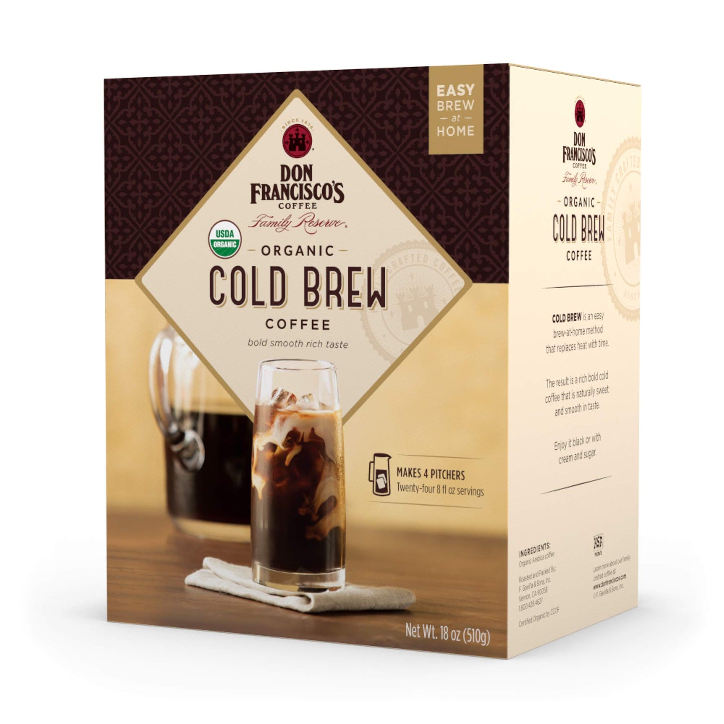 Don Francisco's Organic Cold Brew Coffee Pitcher Packs, 8 Count - Easy At-Home Prep - Smooth, Rich, Chocolate Notes - Medium-Dark Roast, 100% Arabica