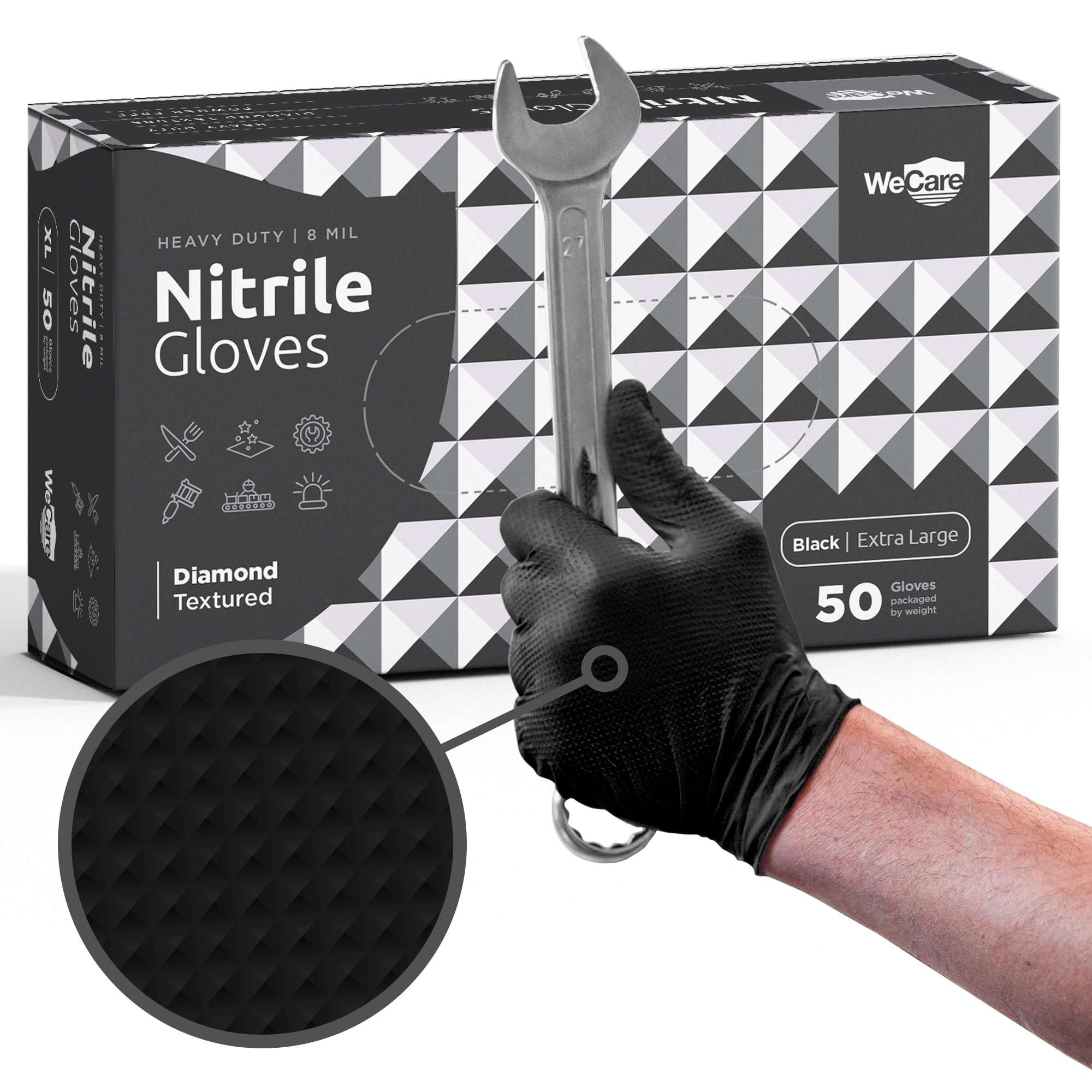 WECARE Black 8 Mil Nitrile Gloves X Large 50 Pack - Heavy Duty Mechanic Gloves, with Diamond Grip - Powder and Latex Free Disposable Gloves