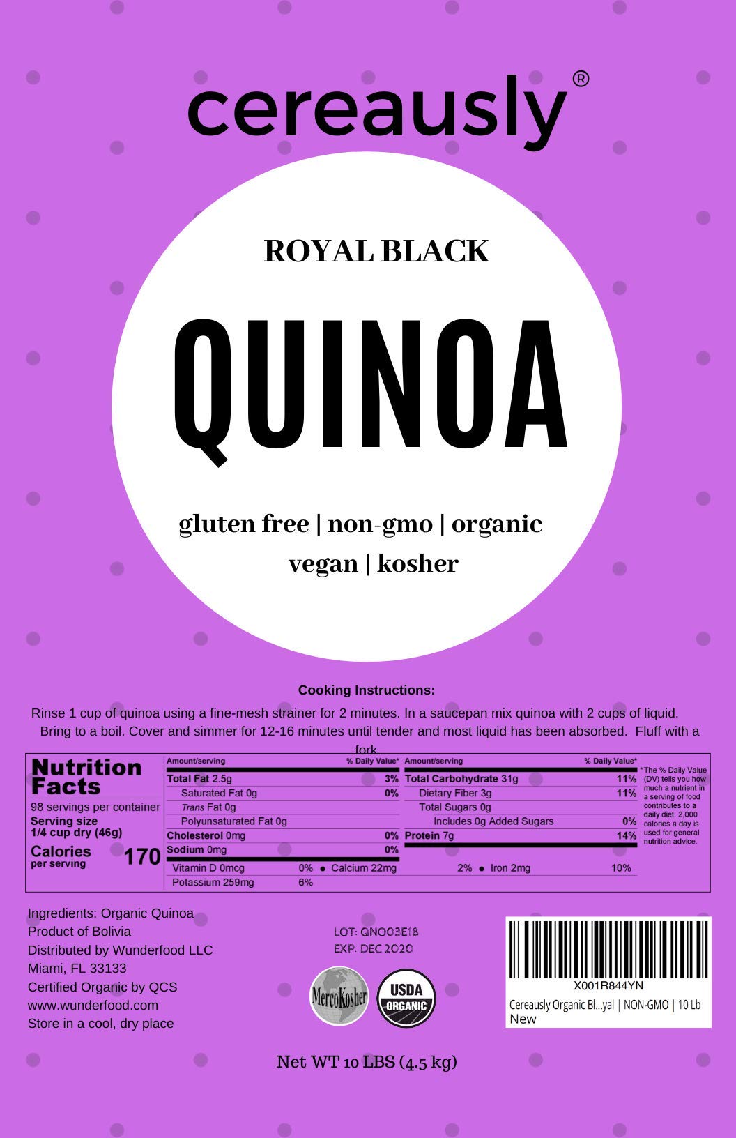 CEREAUSLY Organic Black Quinoa - Premium Royal Quinoa from Bolivia - Kosher and Non-GMO Quinoa Bulk - Vegan and Gluten-Fee Cooking Quinoa - 10 LB