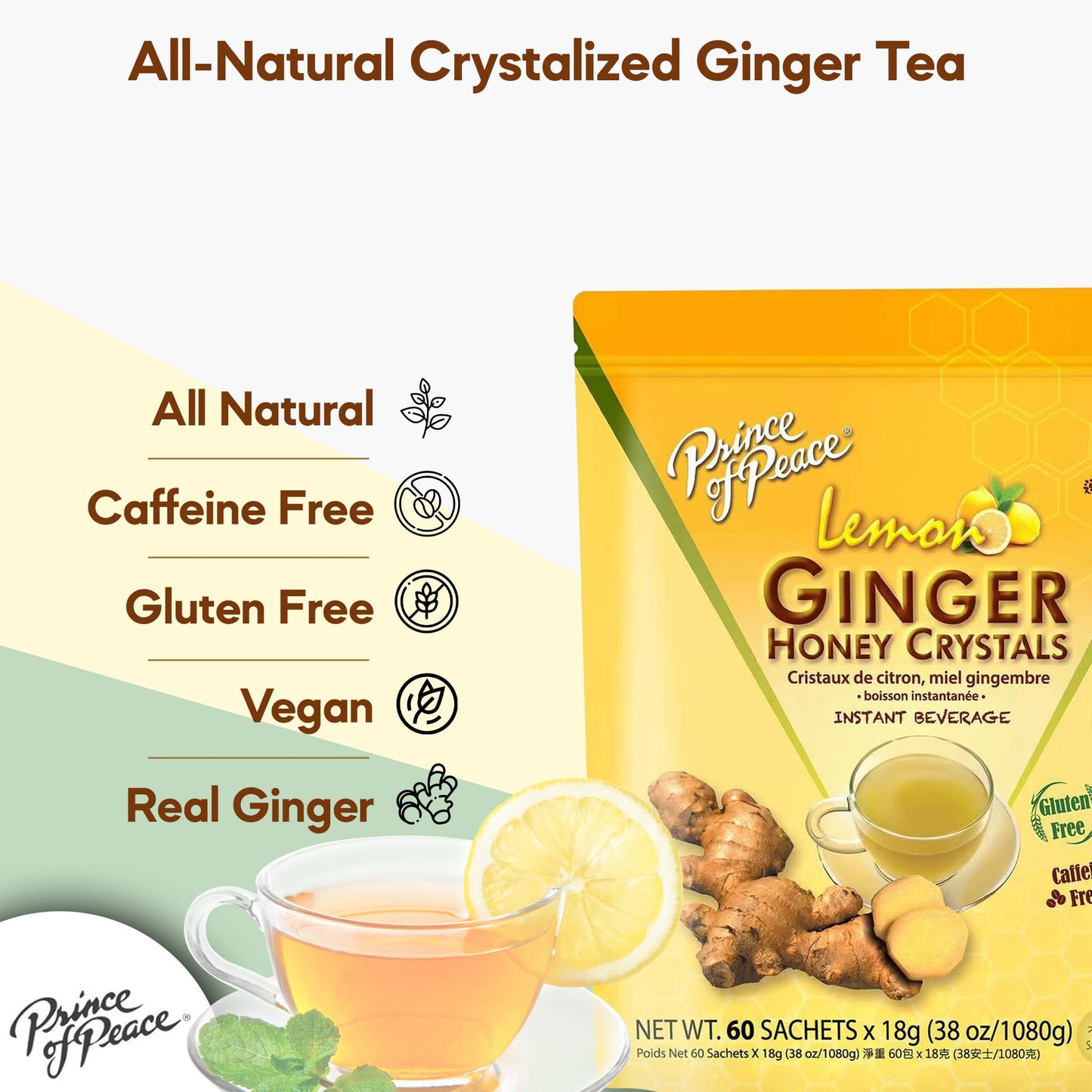 Prince of Peace Instant Ginger Honey Crystals with Lemon, 60 Sachets - Instant Hot or Cold Beverage - Easy to Brew - Drink Like a Tea - Caffeine