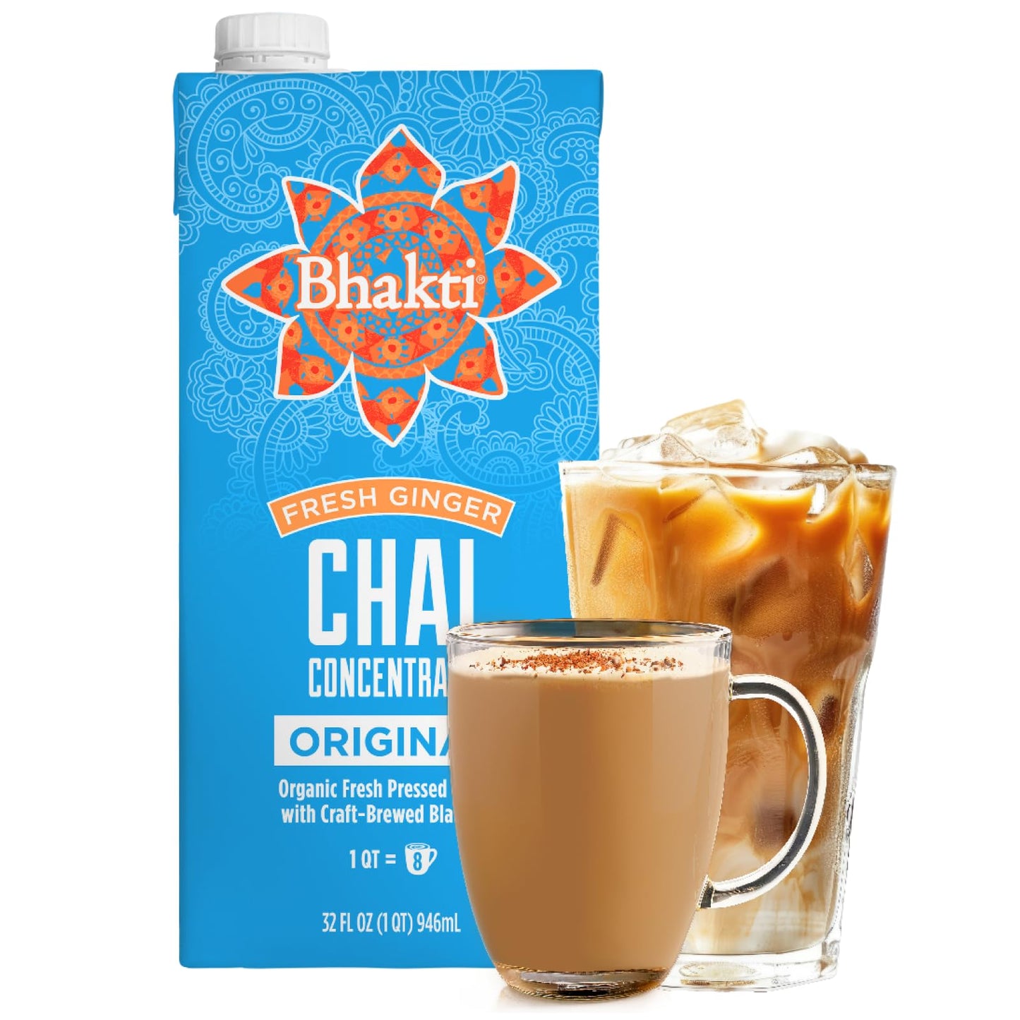 Bhakti Chai Tea Concentrate | Original, Organic Fresh Ginger, Black Tea, Sweetened, Spiced, Dairy-Free, Vegan, 32oz (8 Servings)