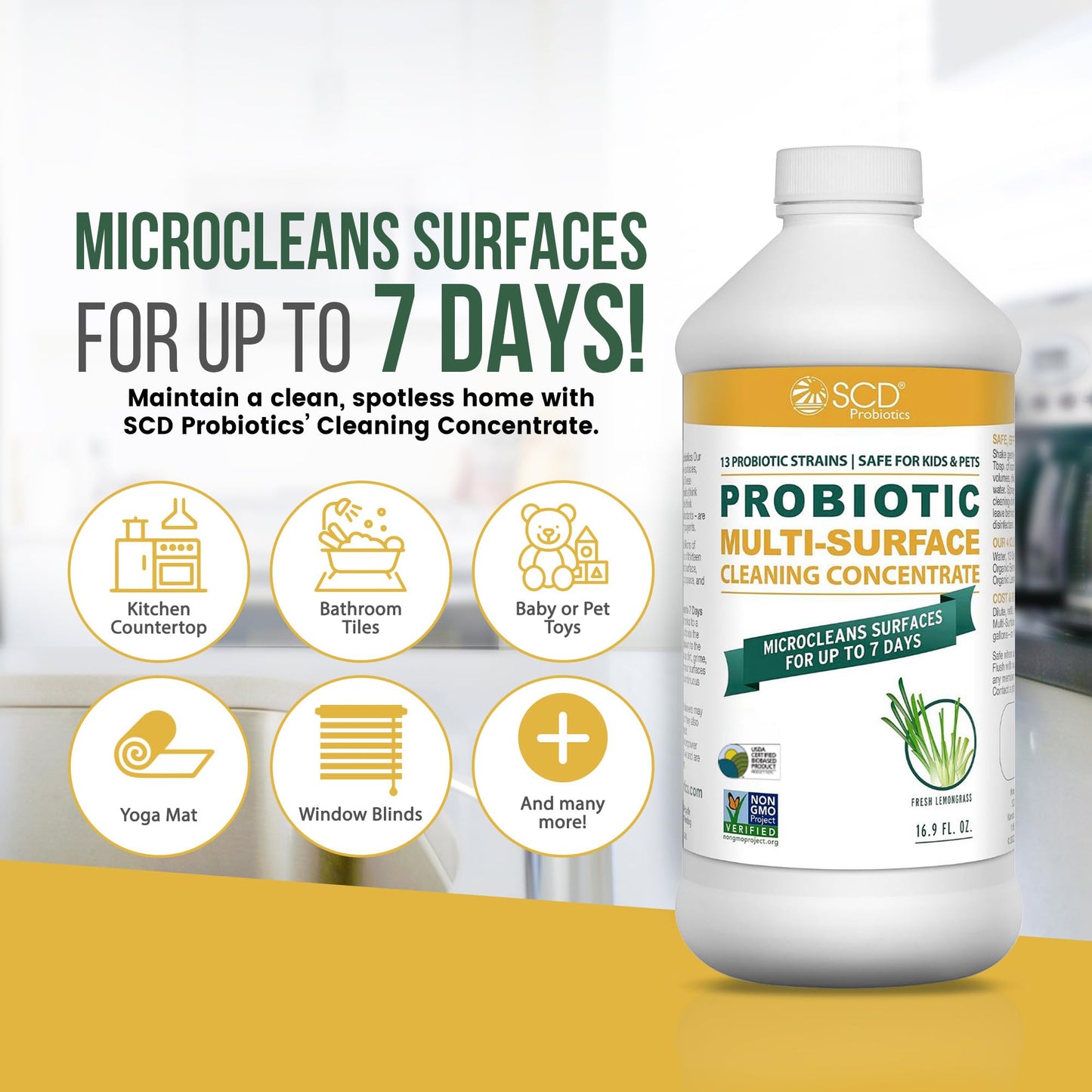 Probiotic Multi-Surface Cleaning Concentrate, Lemongrass - USDA Certified Biobased, Microcleans Surfaces for Up to 7 Days, Refill Bottle Makes 2 Gal
