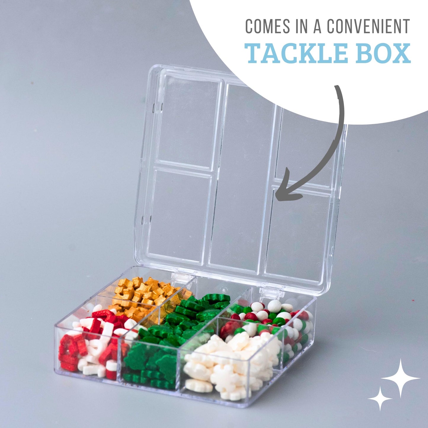 Sweets Indeed Christmas Sprinkle Tackle Box - 2.53 oz | Festive Holiday Sprinkles with Gold Stars, Green Trees, Candy Canes, White Snowflakes