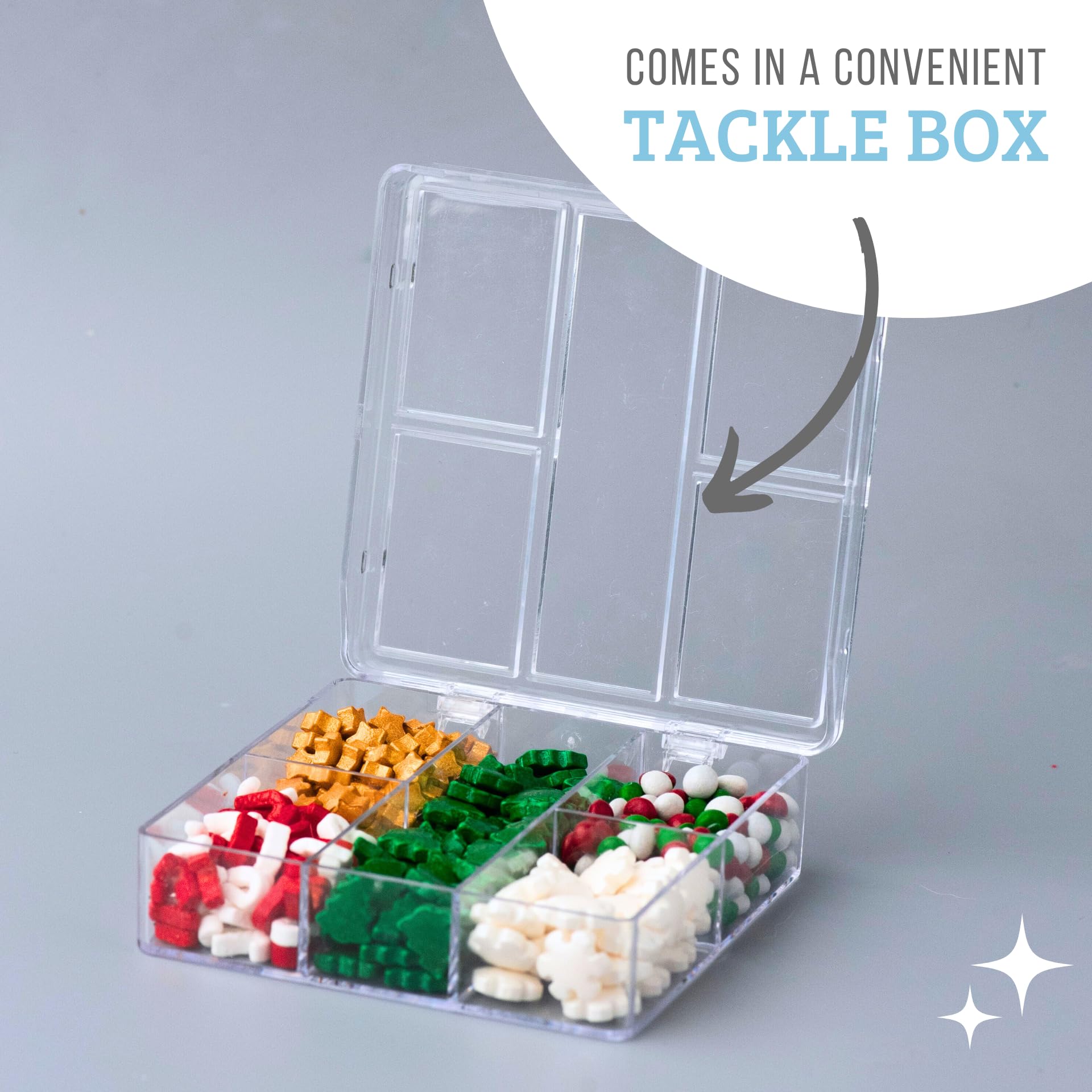 Sweets Indeed Christmas Sprinkle Tackle Box - 2.53 oz | Festive Holiday Sprinkles with Gold Stars, Green Trees, Candy Canes, White Snowflakes