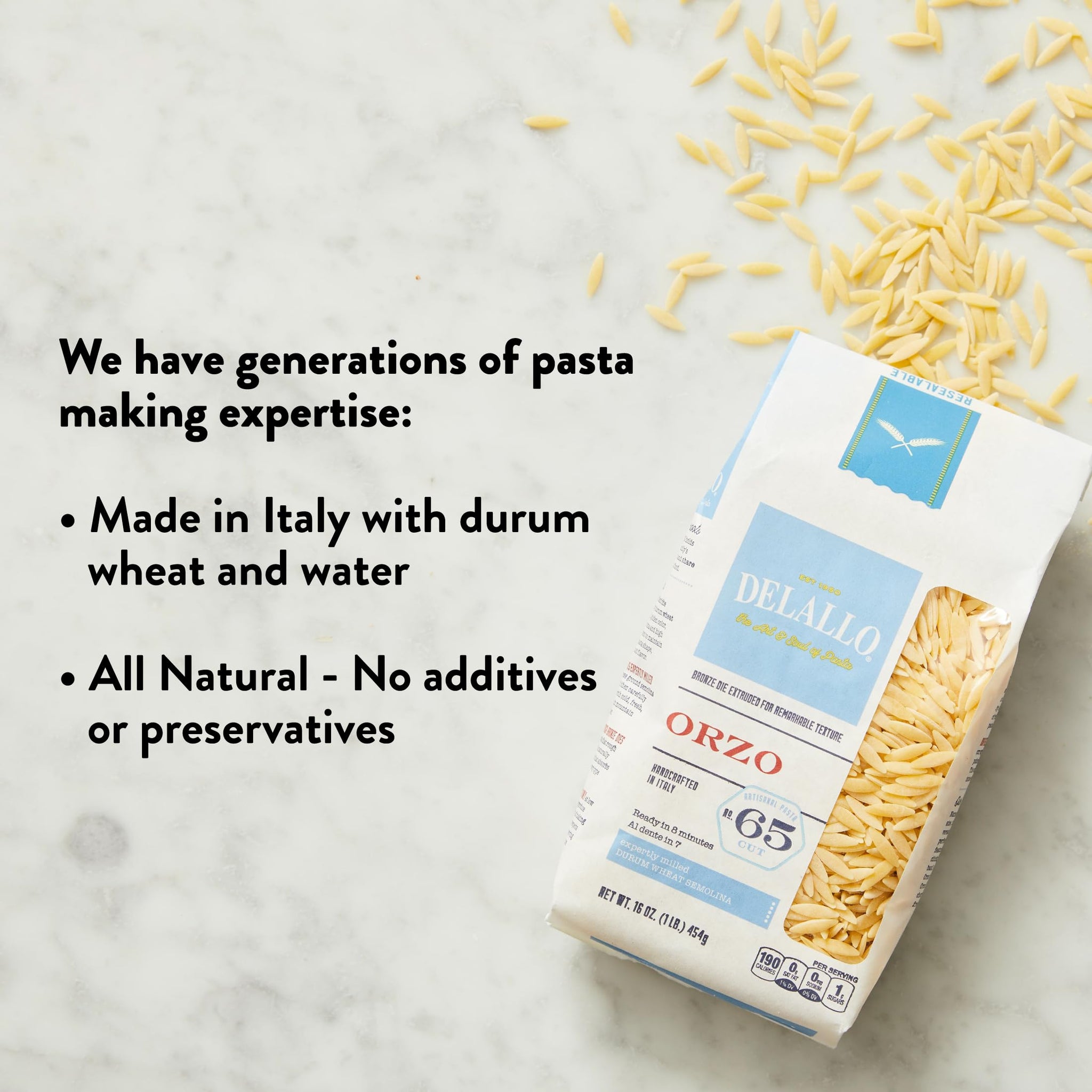 DeLallo Orzo Pasta, 1 Pound Bag, (7 Pack), Pastina Made in Italy, Rice-Shaped Pasta, Bronze Cut, Made with Only 100% Durum Wheat Semolina Flour