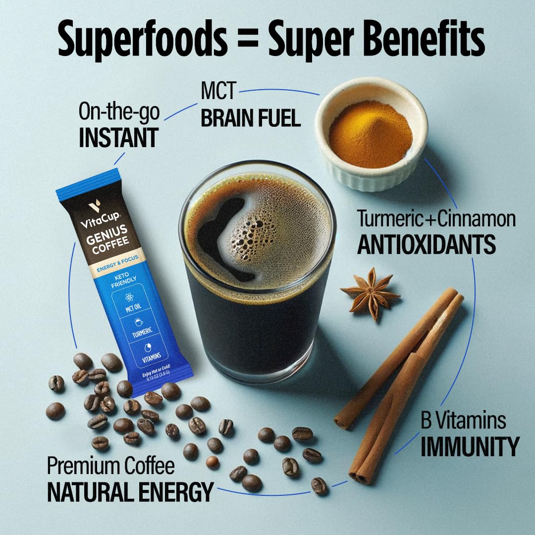 VitaCup Genius Instant Coffee Packets, Increase Energy & Focus, Keto Coffee, Serve Hot or Cold Brew, MCT Oil, Turmeric, B Vitamins, D3, Bold