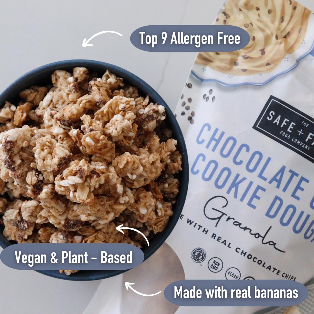 Safe + Fair Chocolate Chip Cookie Dough Granola - Gluten-Free, Dairy-Free & Vegan Snack - Allergen-Free, Non-GMO, and No Artificial Ingredients - 12oz