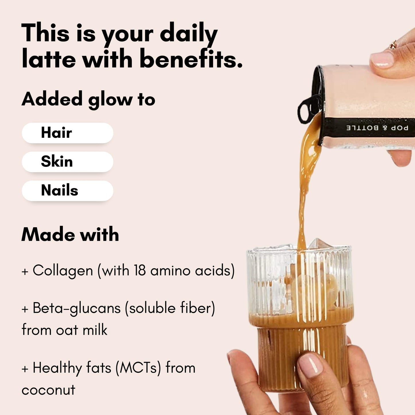 Pop & Bottle Oat Milk Latte - Cold Brew with Marine Collagen, MCT Oil, Organic, Dairy Free, Gluten Free, Sweetened with Dates - Vanilla, 8 Fl Oz (12