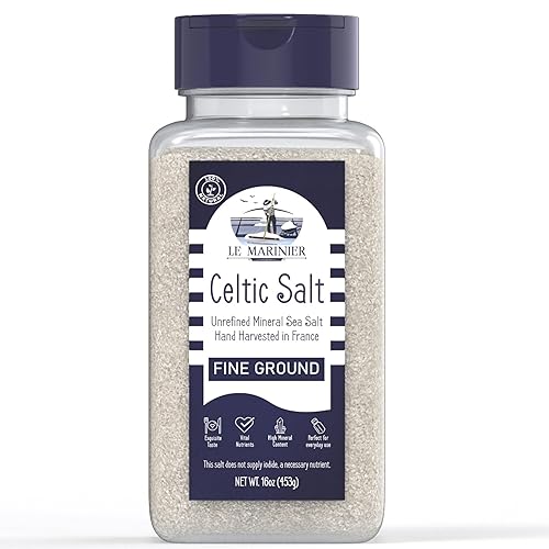 Le Marinier Celtic Salt Organic Fine Ground, 1 lb - 16oz. Mineral Rich 100% Natural and Unrefined. Refillable Salt Shaker. French Sea Salt with Vital