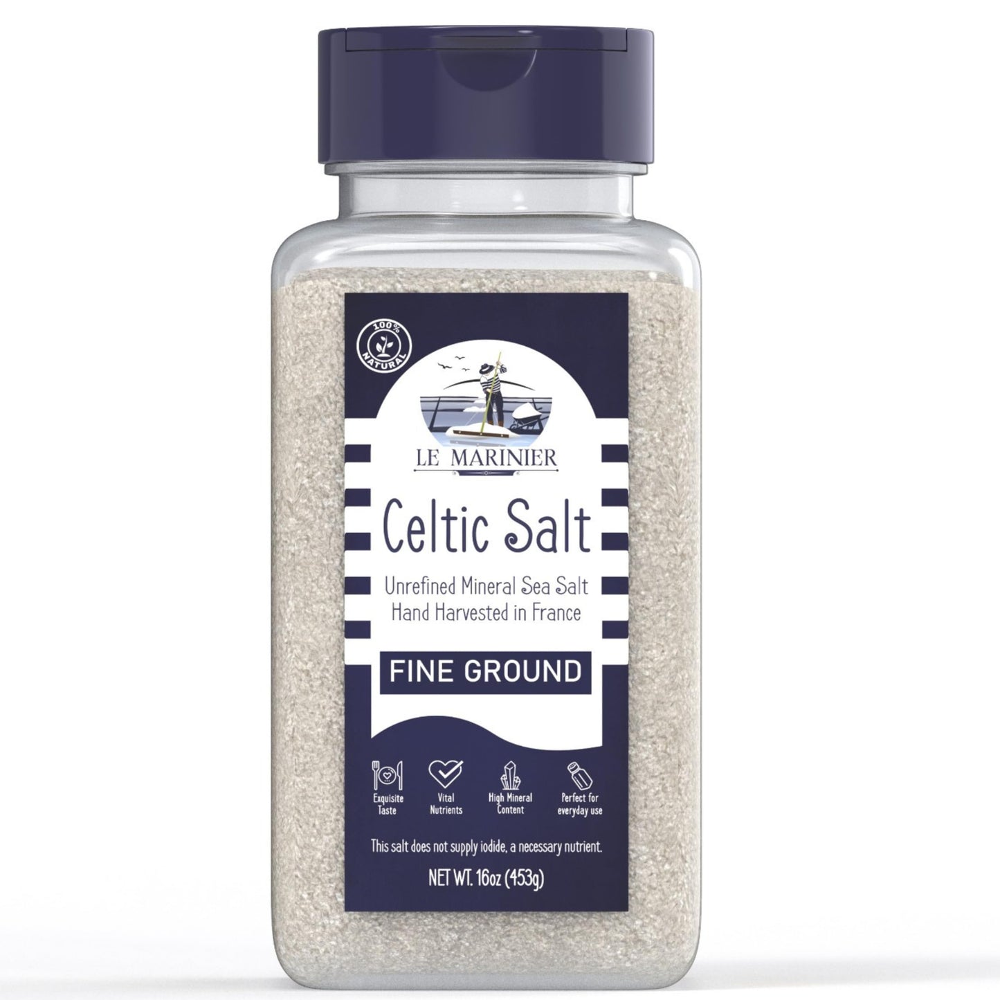 Le Marinier Celtic Salt Organic Fine Ground, 1 lb - 16oz. Mineral Rich 100% Natural and Unrefined. Refillable Salt Shaker. French Sea Salt with Vital