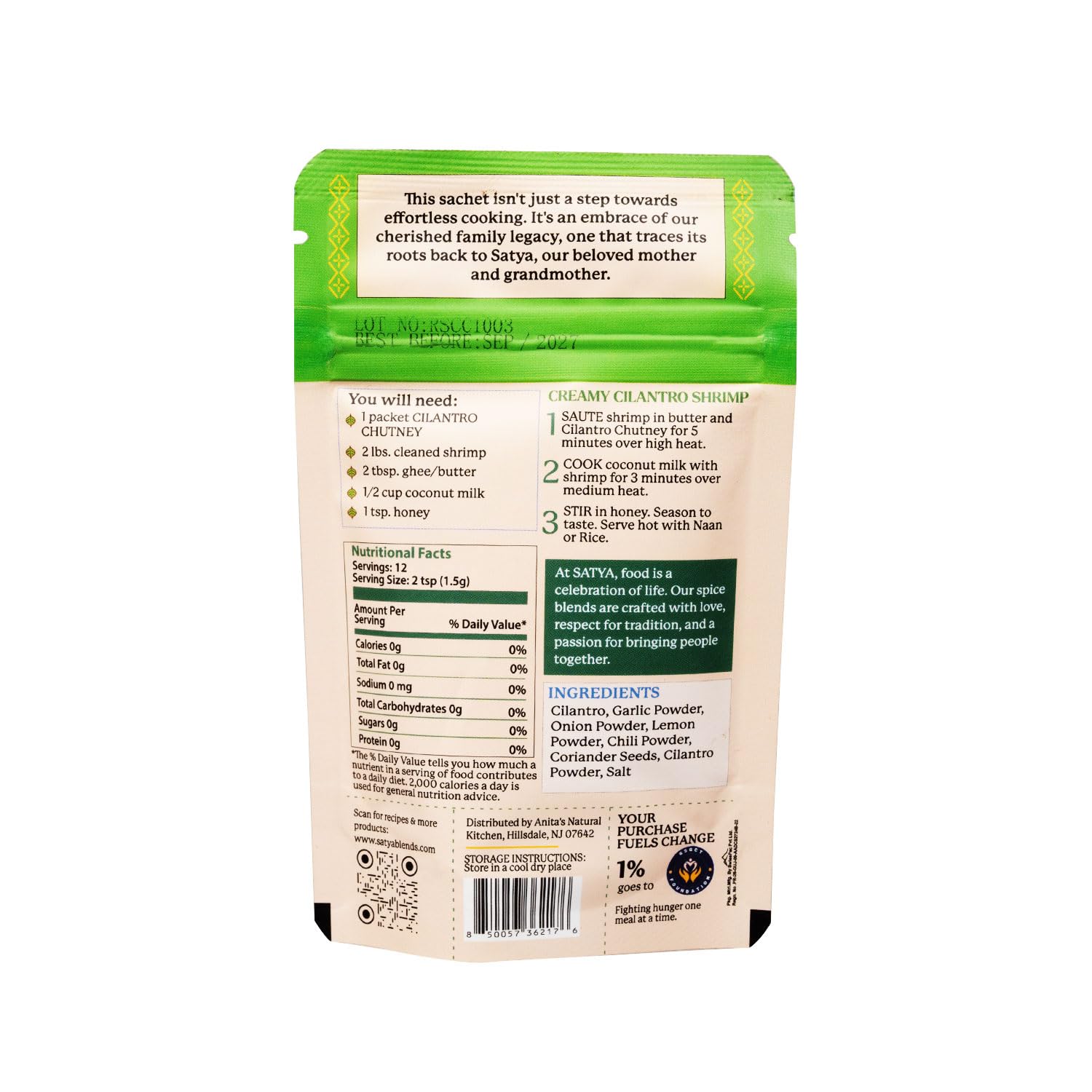 Satya Cilantro Chutney Powder Herb & Lemon Indian Seasoning Mix 5 Fresh Sachets x 17g Zesty Dry Chutney Powder for Vegetables, Seafood & Snacks Vegan