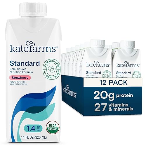 KATE FARMS Organic 1.4 High Calorie Nutrition Shake, Strawberry, 20g Protein, 27 Vitamins and Minerals, Meal Replacement, 11 oz (12 Pack)