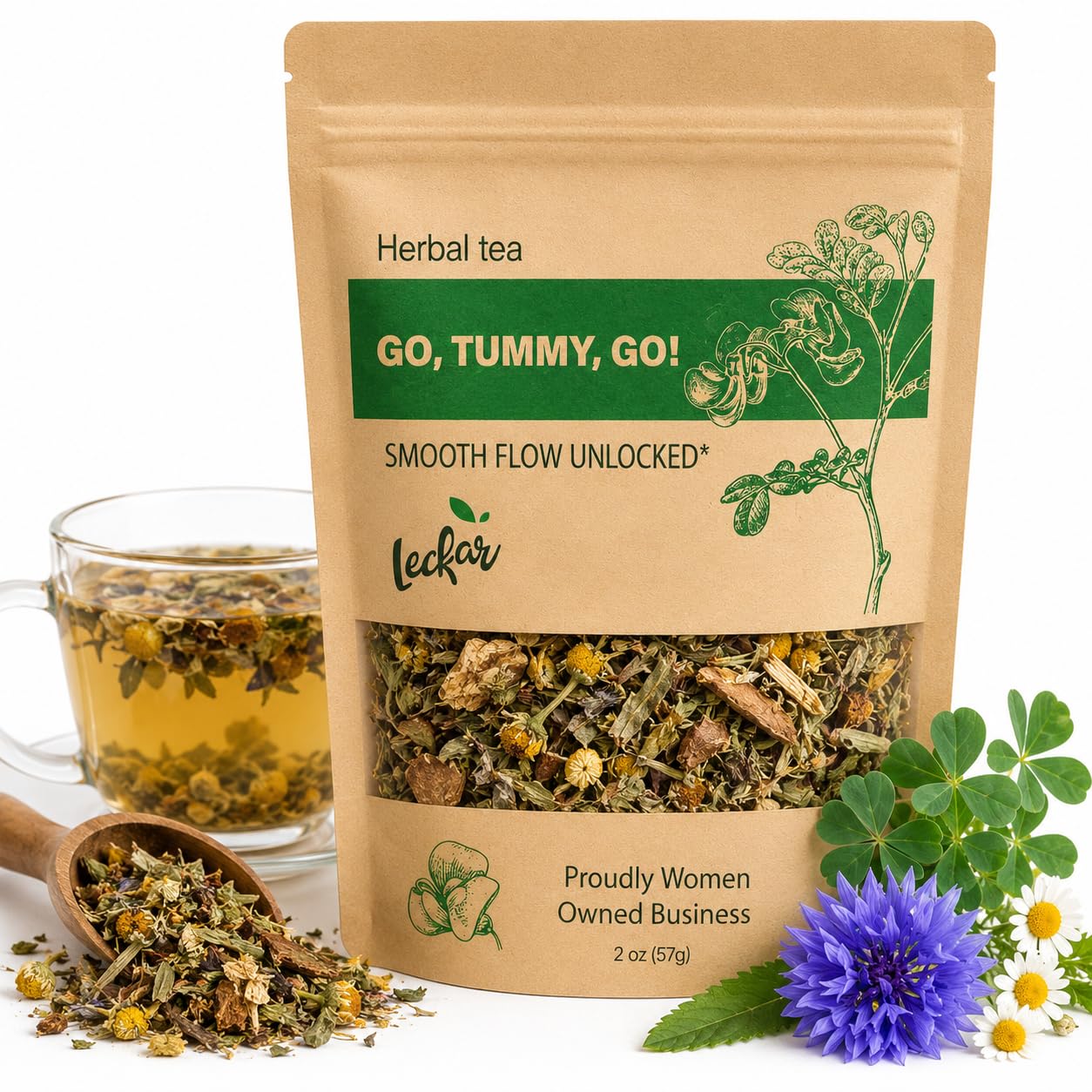Leckar Go Tummy Go Herbal Tea - Natural Digestive Support & Bloating Relief - Gentle Detox & Regularity Blend with Senna, Fennel & Dandelion