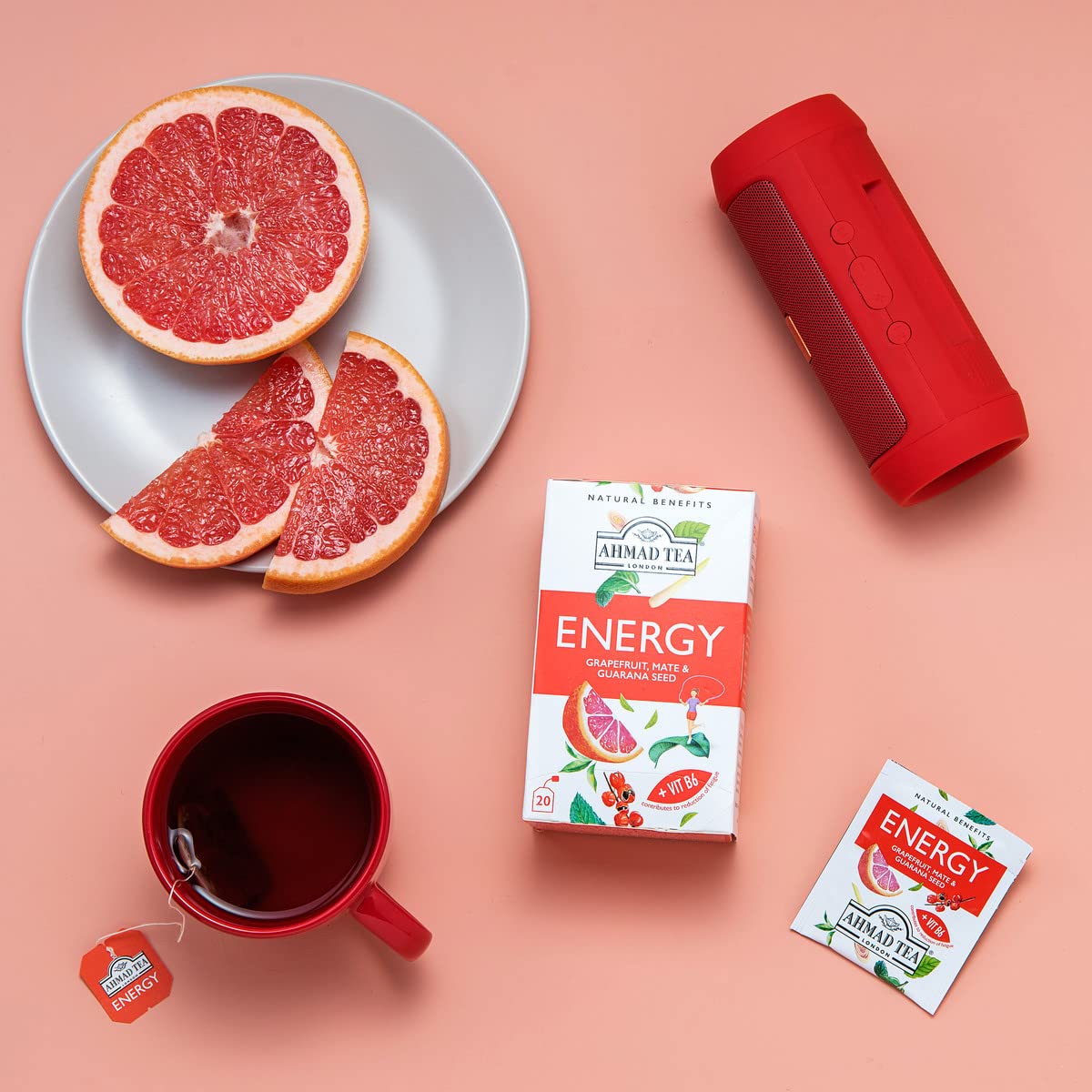 Ahmad Tea Herbal Tea, Grapefruit, Mate, Guarana Seed, & Vitamin B6 'Energy' Natural Benefits Teabags, 20 ct (Pack of 1) - Caffeinated & Sugar-Free