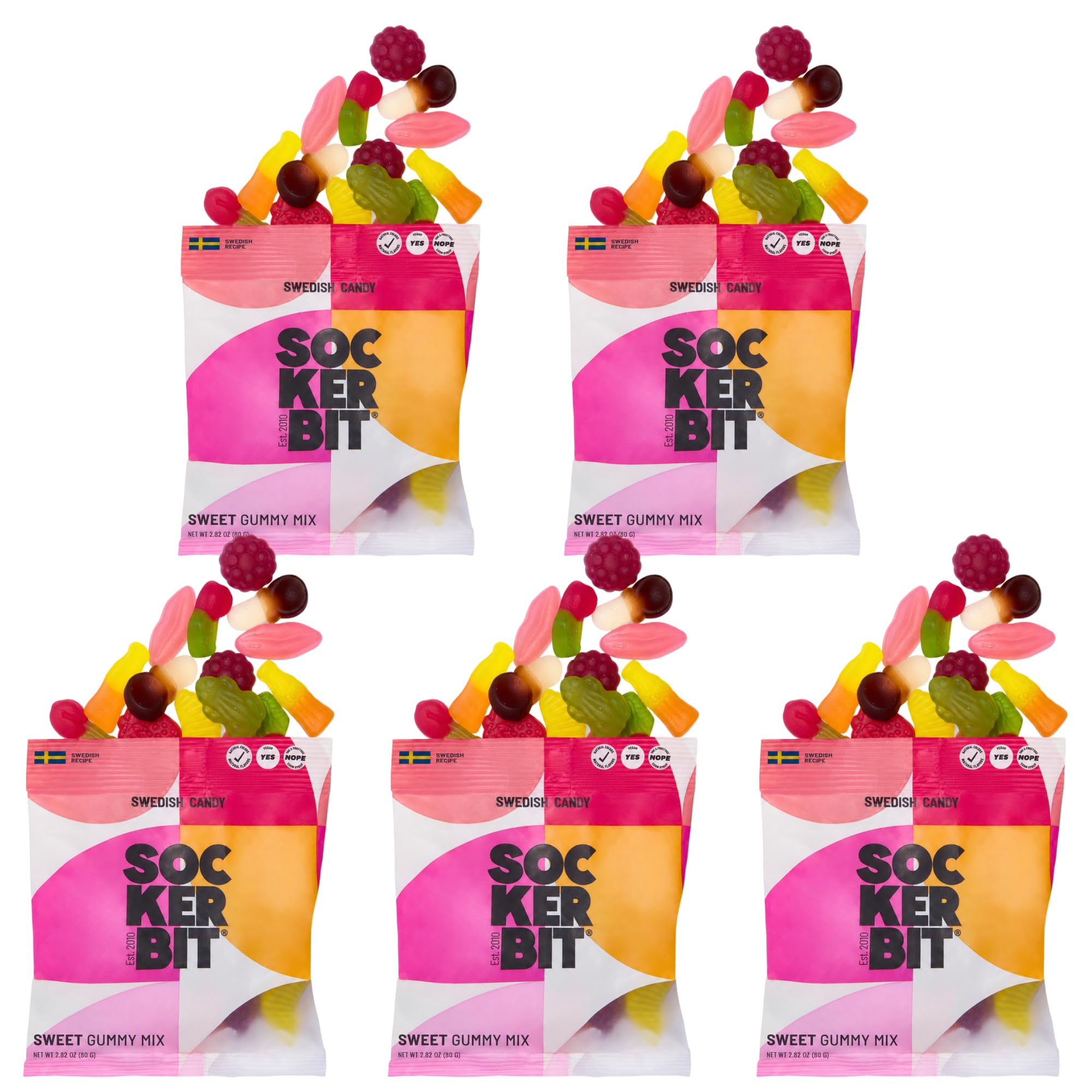 Sockerbit Swedish Candy Gummy Mix, 5 Bags, Assorted Sweet Candy Mix, Soft & Chewy Fruit Gummies with Variety of Flavors, Textures & Shapes, Vegan